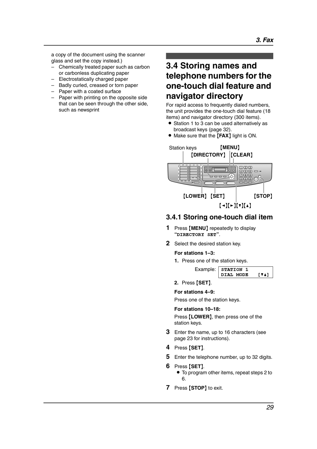 Panasonic KX-FLB851 Storing names and, Storing one-touch dial item, Directory Clear, Lower Set, For stations, Dial Mode 