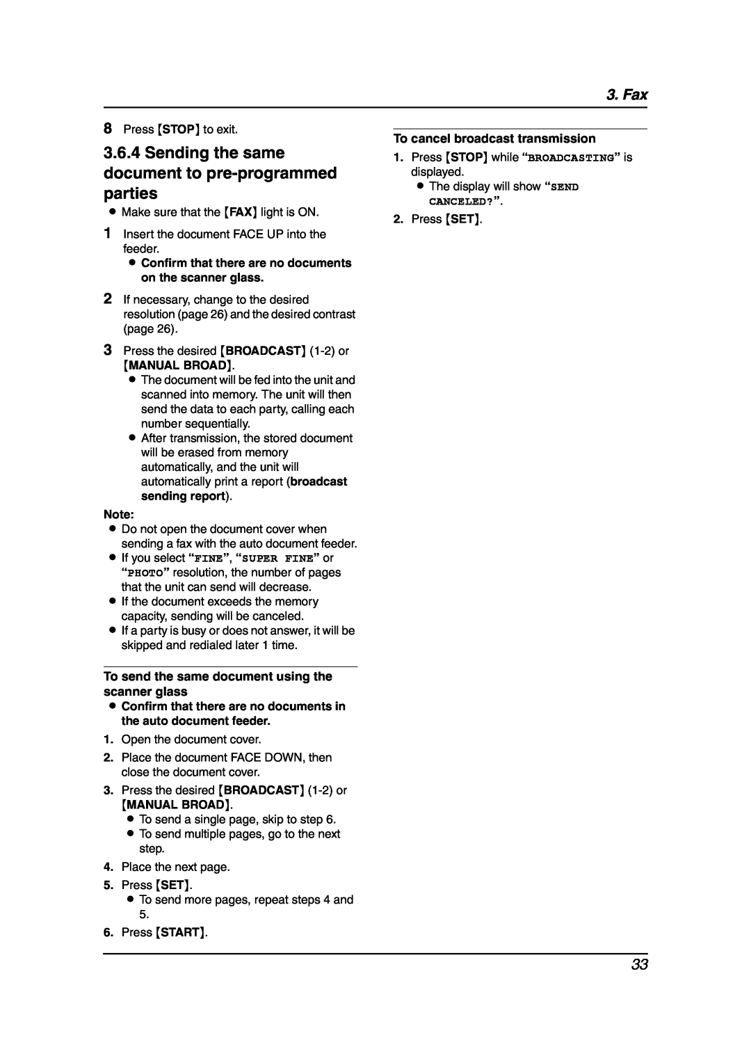 Panasonic KX-FLB851 Sending the same document to pre-programmed parties, Manual Broad, To cancel broadcast transmission 