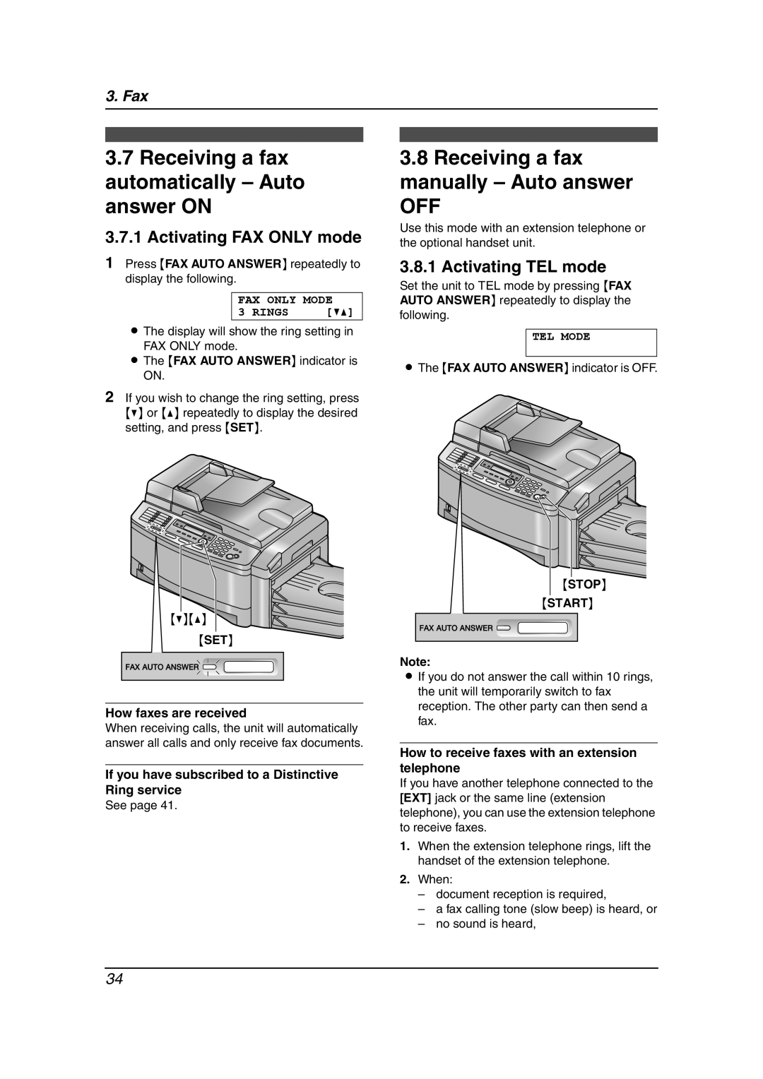 Panasonic KX-FLB851 Receiving a fax automatically - Auto answer ON, Receiving a fax manually - Auto answer OFF, Rings, Fax 