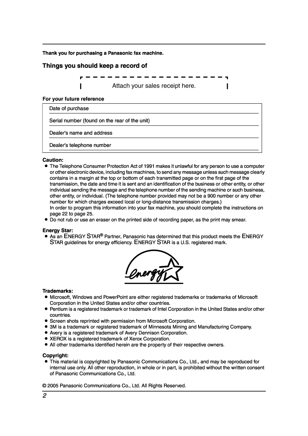 Panasonic KX-FLB851 manual Things you should keep a record of, Attach your sales receipt here, For your future reference 