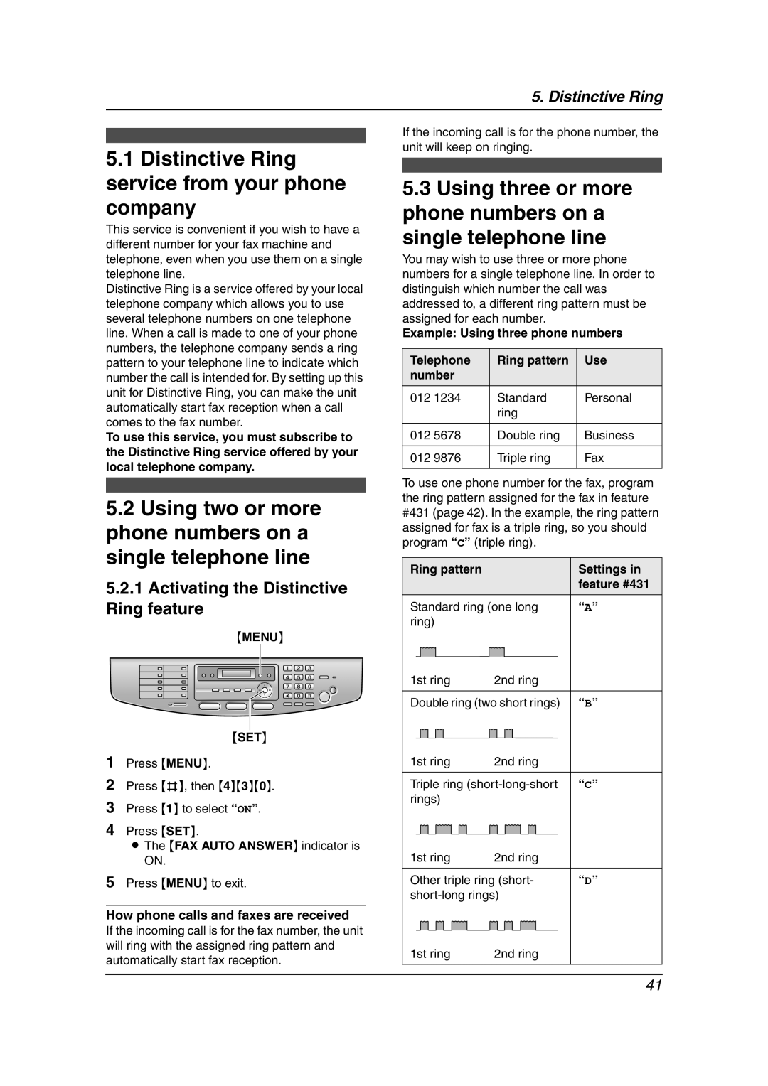 Panasonic KX-FLB851 Distinctive Ring service from your phone company, Activating the Distinctive Ring feature, Telephone 