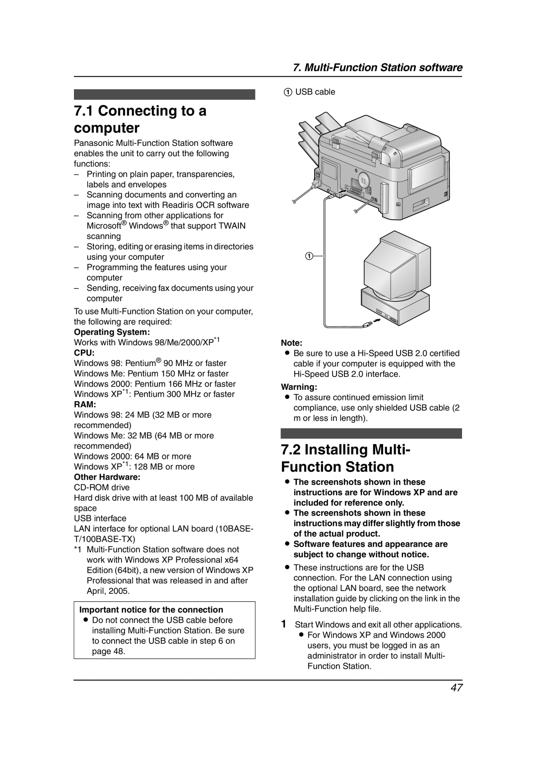 Panasonic KX-FLB851 manual Connecting to a computer, Installing Multi- Function Station, Multi-Function Station software 