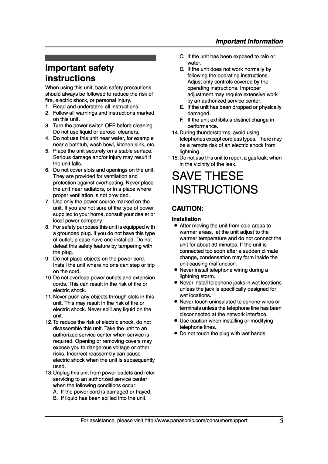 Panasonic KX-FLB851 manual Important safety instructions, Important Information, Installation, Save These Instructions 