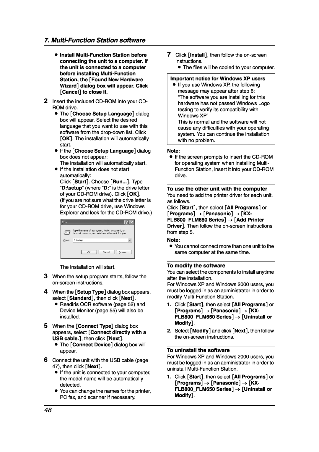 Panasonic KX-FLB851 manual L If the Choose Setup Language dialog box does not appear, Important notice for Windows XP users 