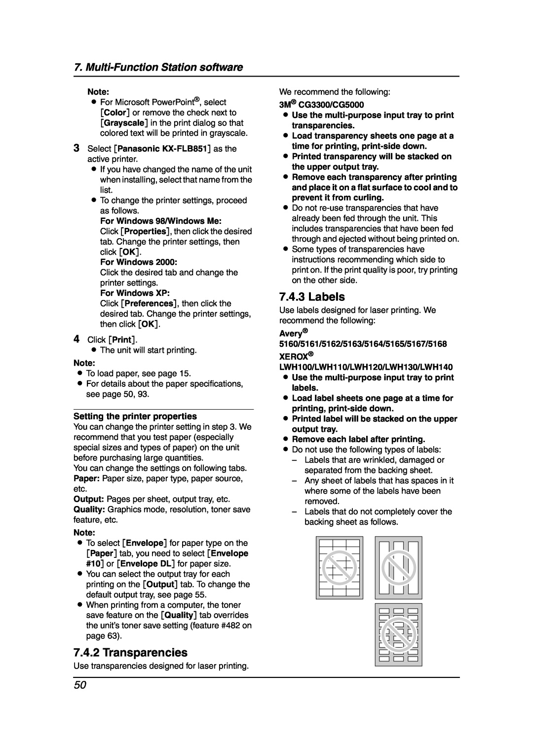 Panasonic manual Transparencies, Labels, Select Panasonic KX-FLB851 as the active printer, For Windows 98/Windows Me 