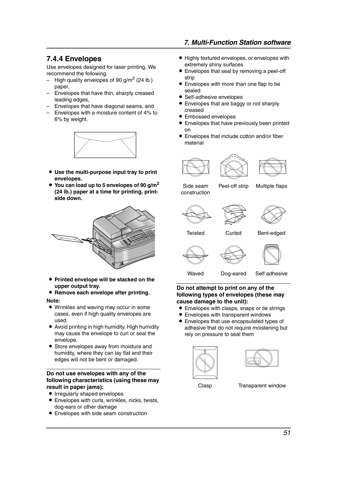 Panasonic KX-FLB851 Envelopes, L Use the multi-purpose input tray to print envelopes, Multi-Function Station software 