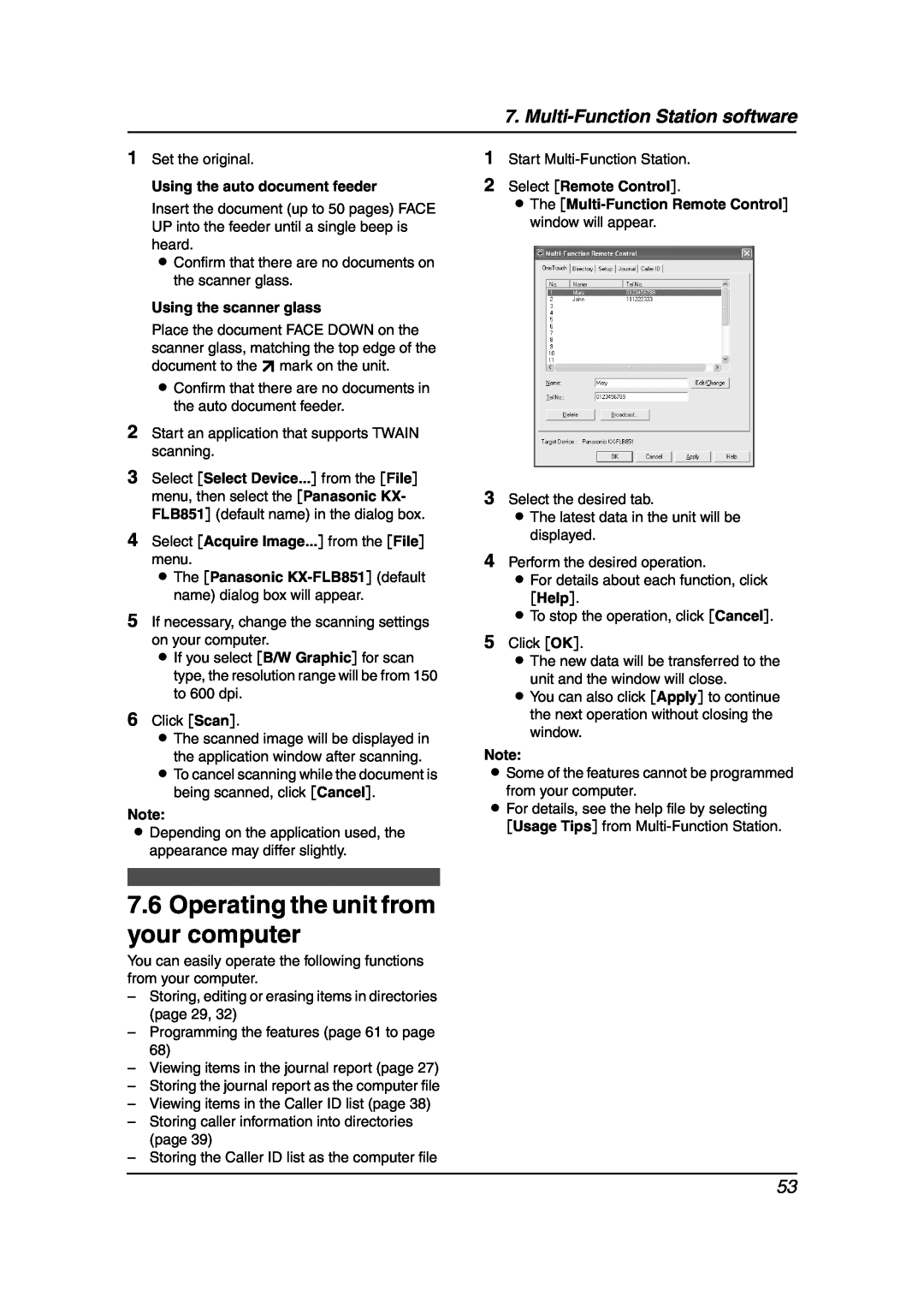 Panasonic KX-FLB851 Operating the unit from your computer, Using the auto document feeder, Select Remote Control, Help 