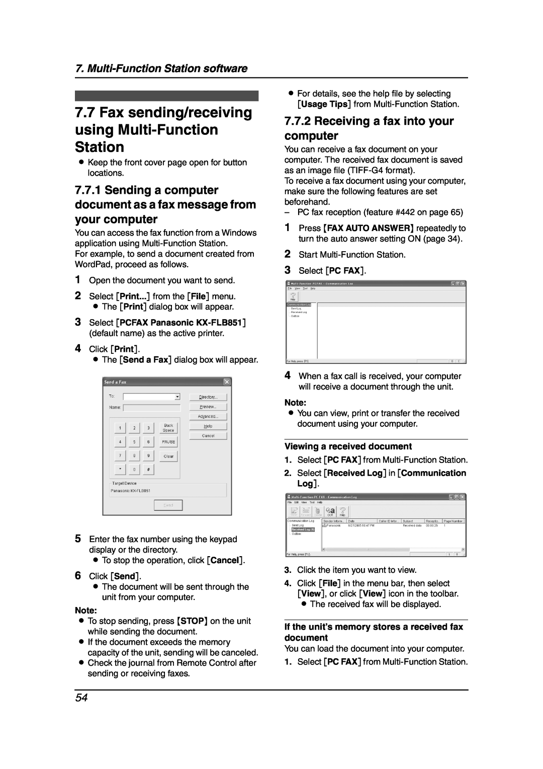Panasonic KX-FLB851 manual Fax sending/receiving using Multi-Function Station, Receiving a fax into your computer 