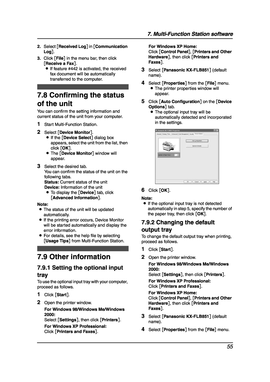 Panasonic KX-FLB851 Confirming the status of the unit, Other information, Setting the optional input tray, Receive a Fax 