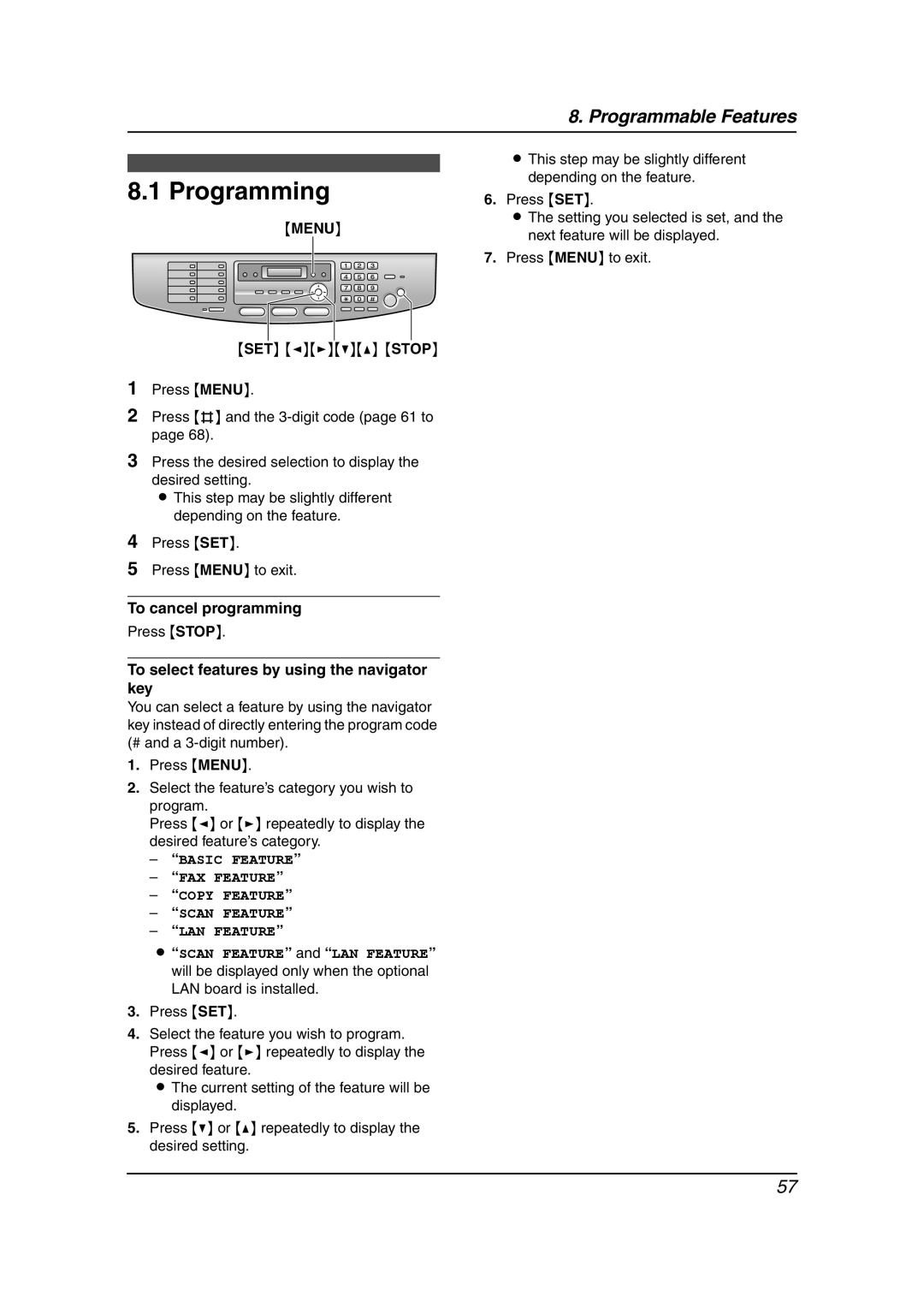 Panasonic KX-FLB851 manual Programming, Programmable Features, To cancel programming, “Lan Feature”, Menu 