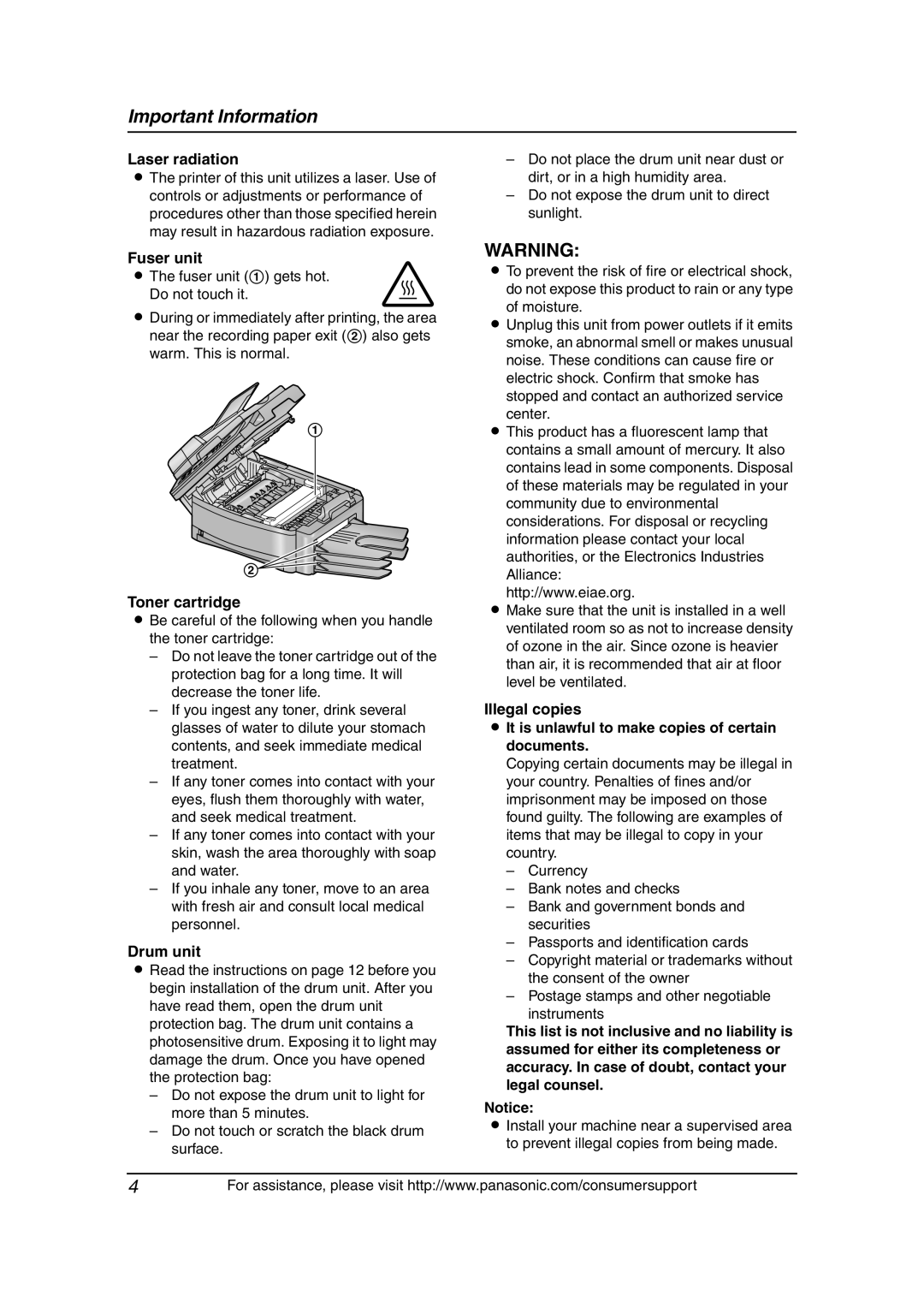 Panasonic KX-FLB851 manual Laser radiation, Fuser unit, Toner cartridge, Drum unit, Important Information 