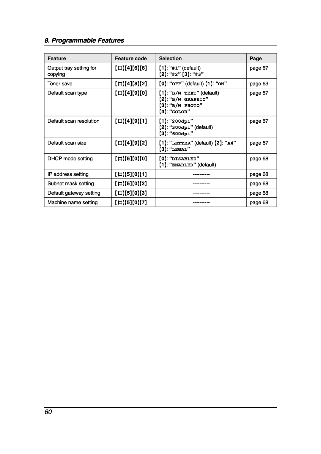 Panasonic KX-FLB851 1 “#1” default, 2 “#2” 3 “#3”, Toner save, Default scan type, 1 “B/W TEXT” default, 2 “B/W GRAPHIC” 