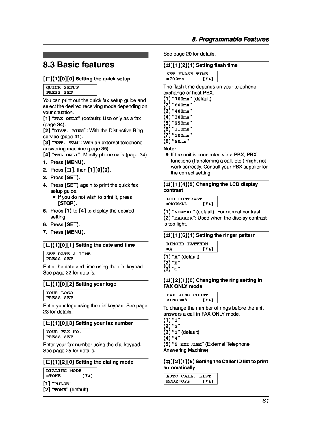 Panasonic KX-FLB851 Basic features, #100 Setting the quick setup, Quick Setup Press Set, #101 Setting the date and time 