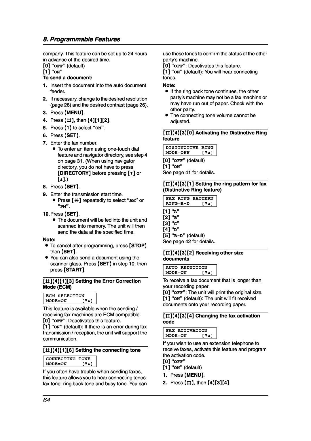 Panasonic KX-FLB851 manual 0 “OFF” default 1 “ON” To send a document, #413 Setting the Error Correction Mode ECM 