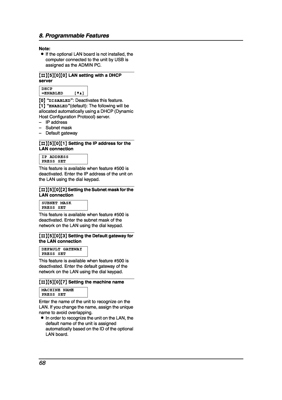 Panasonic KX-FLB851 #500 LAN setting with a DHCP server, Dhcp =Enabled, #501 Setting the IP address for the LAN connection 