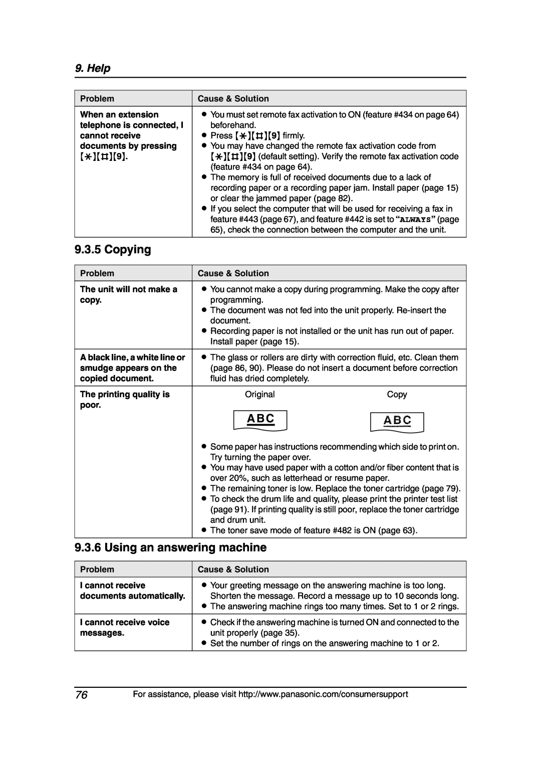 Panasonic KX-FLB851 Copying, Using an answering machine, A B C, When an extension, telephone is connected, cannot receive 