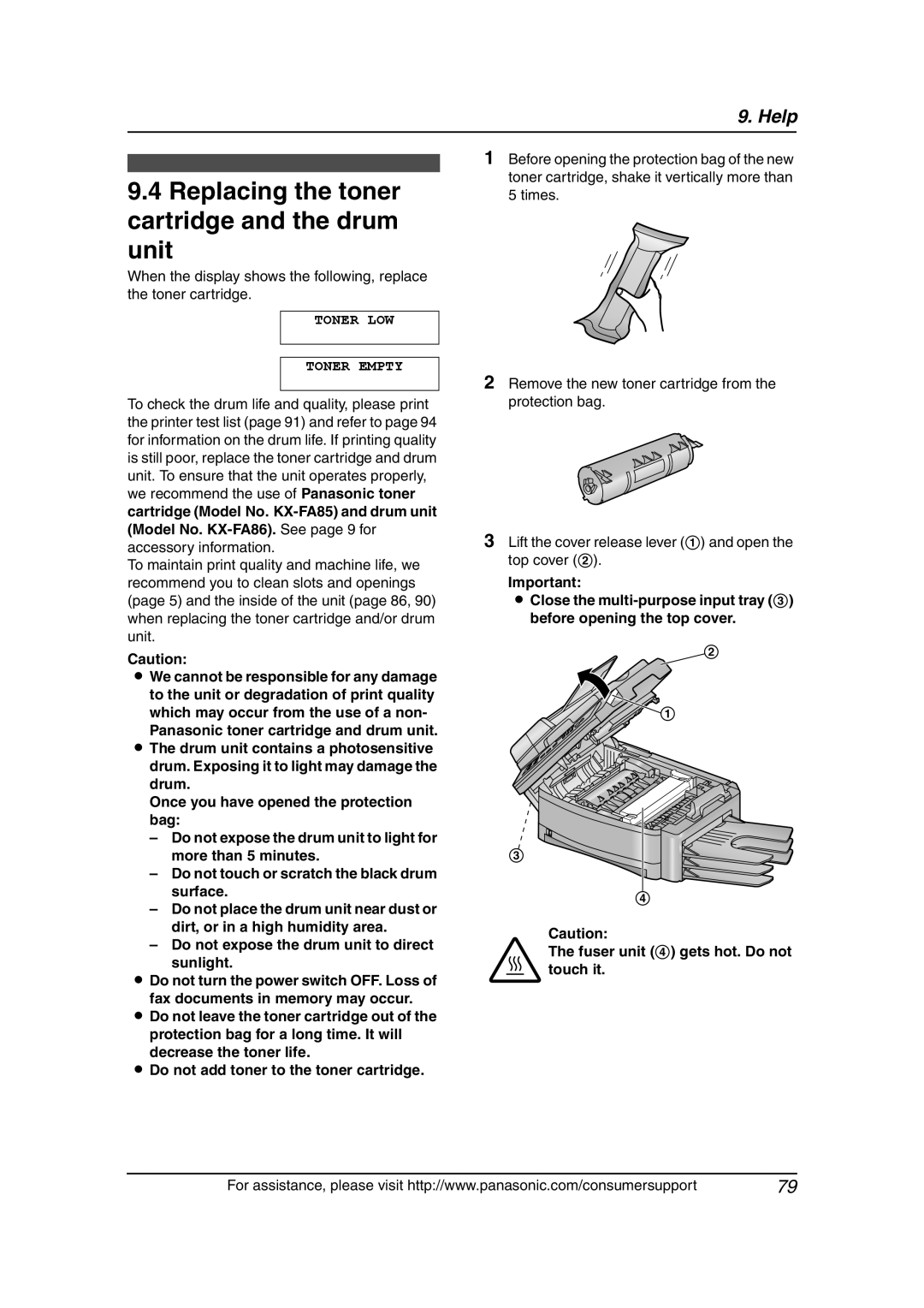 Panasonic KX-FLB851 manual Replacing the toner cartridge and the drum unit, Toner Low Toner Empty, Help 