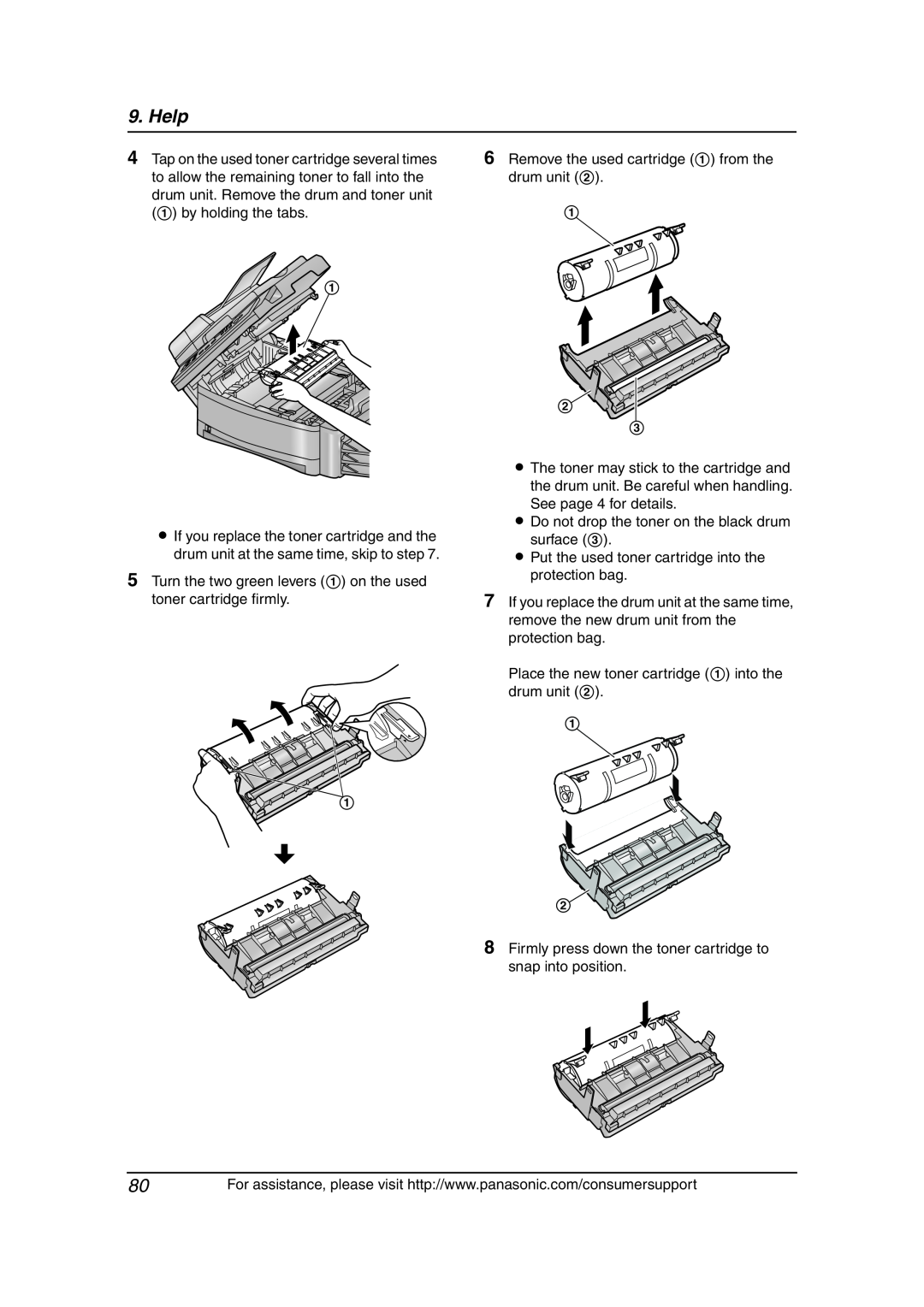 Panasonic KX-FLB851 manual Help, Turn the two green levers 1 on the used toner cartridge firmly 
