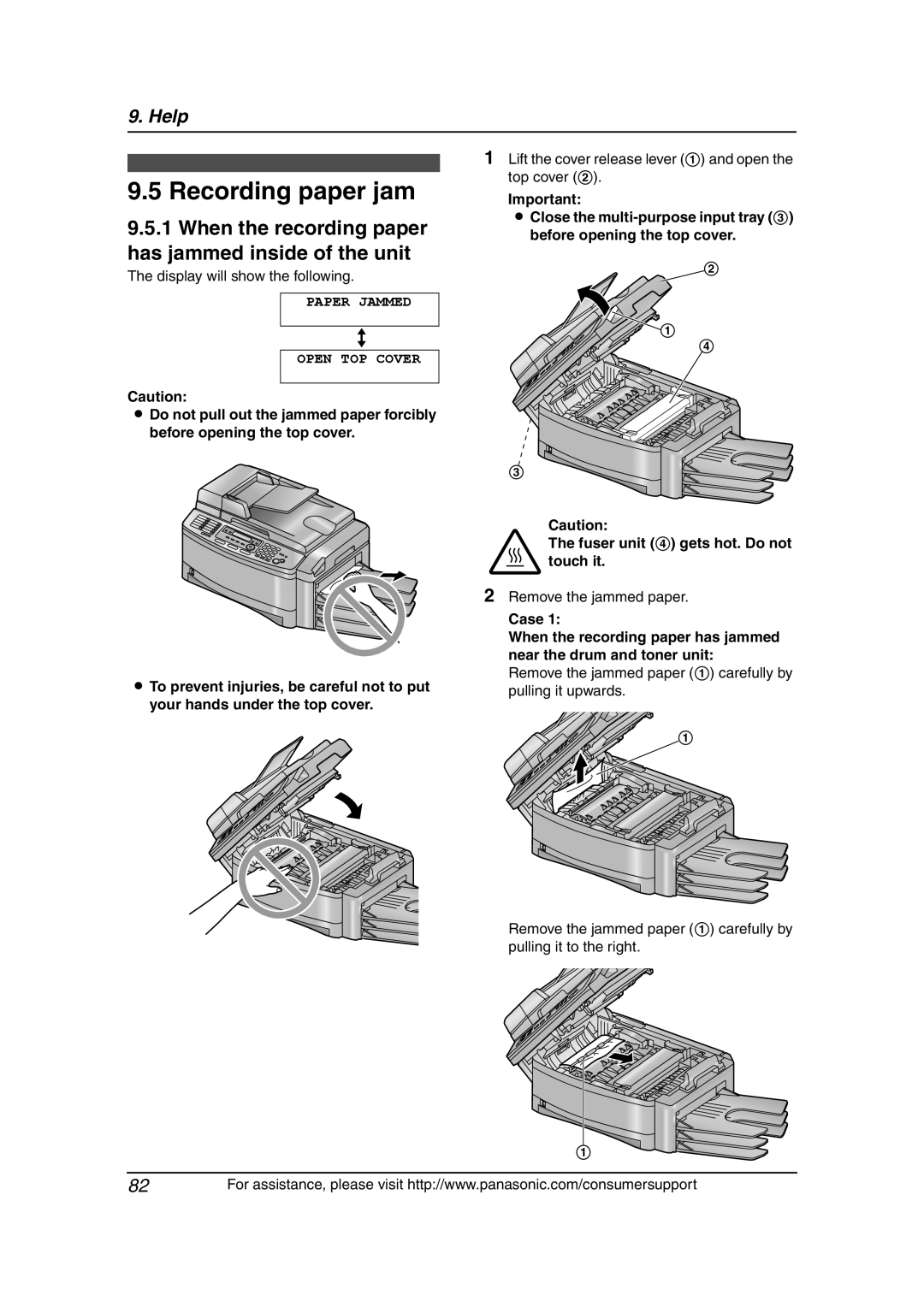 Panasonic KX-FLB851 Recording paper jam, When the recording paper has jammed inside of the unit, Paper Jammed, Case, Help 