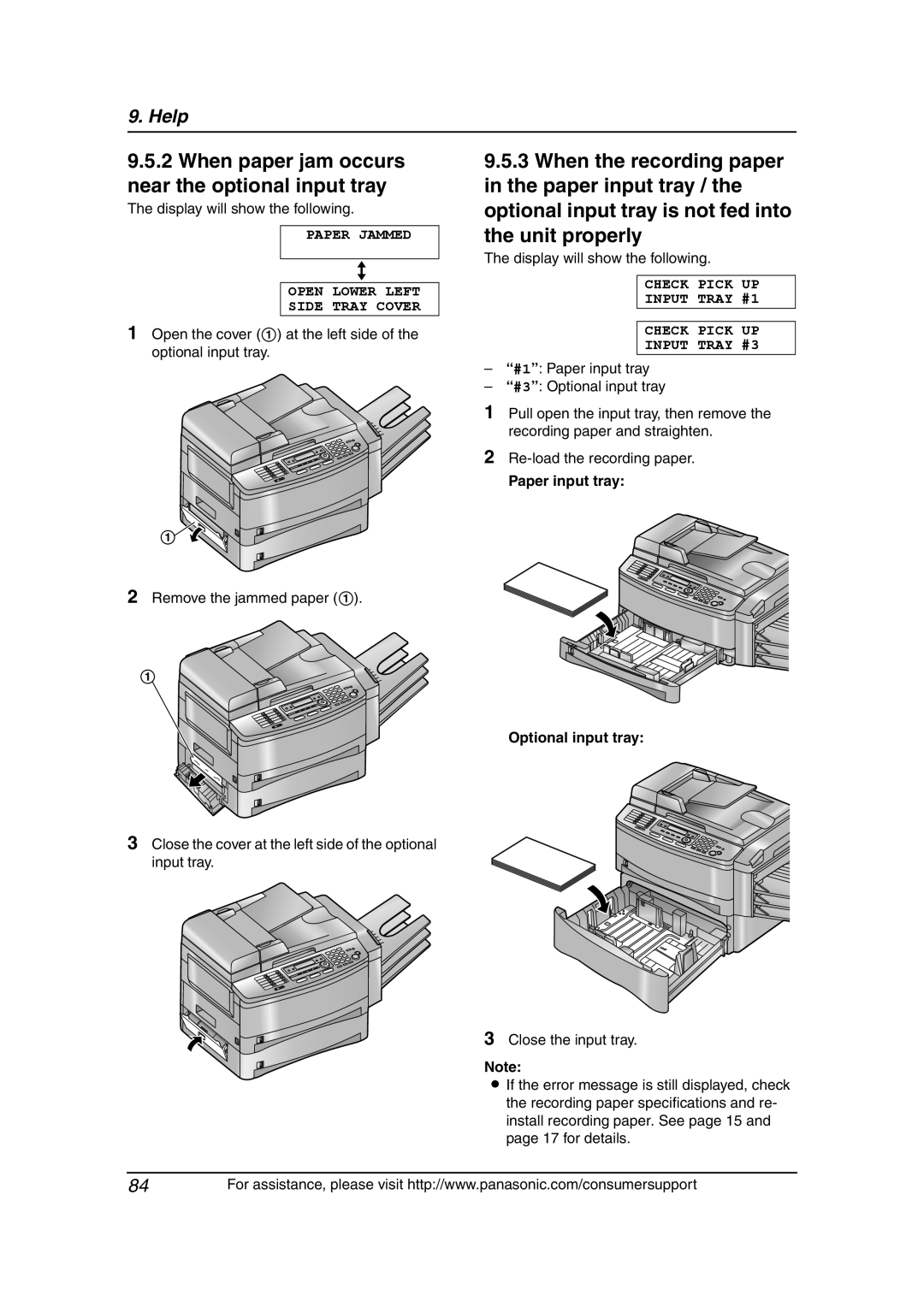 Panasonic KX-FLB851 manual When paper jam occurs near the optional input tray, Open Lower Left Side Tray Cover, Help 