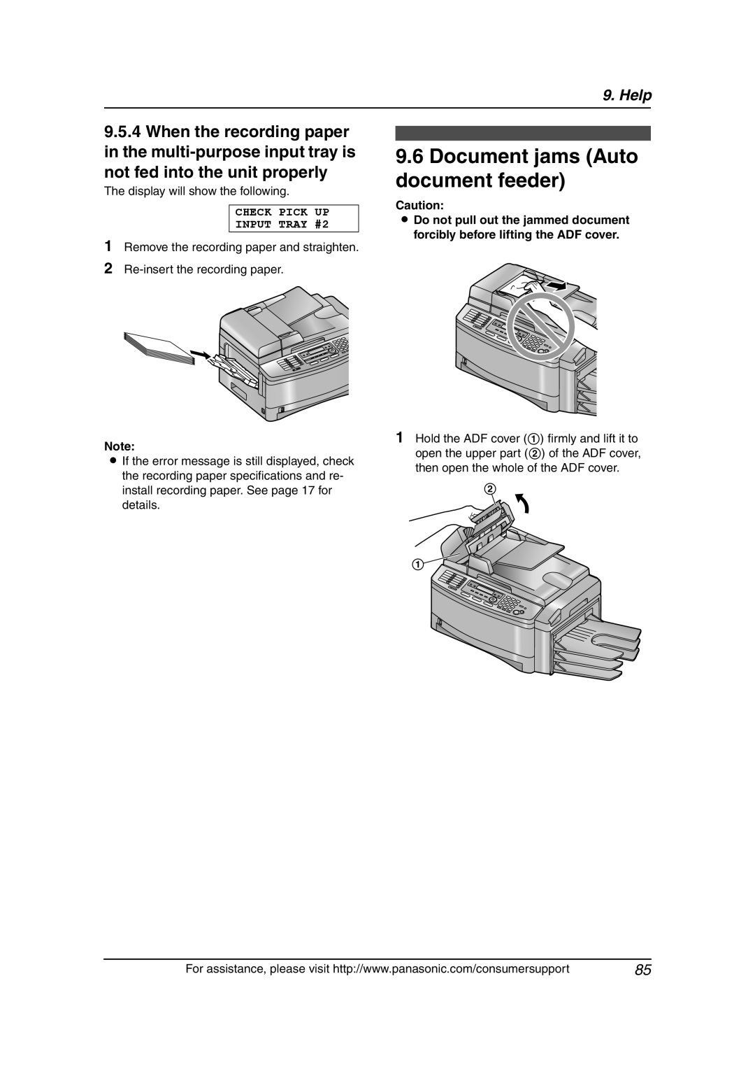 Panasonic KX-FLB851 manual Document jams Auto document feeder, CHECK PICK UP INPUT TRAY #2, Help 