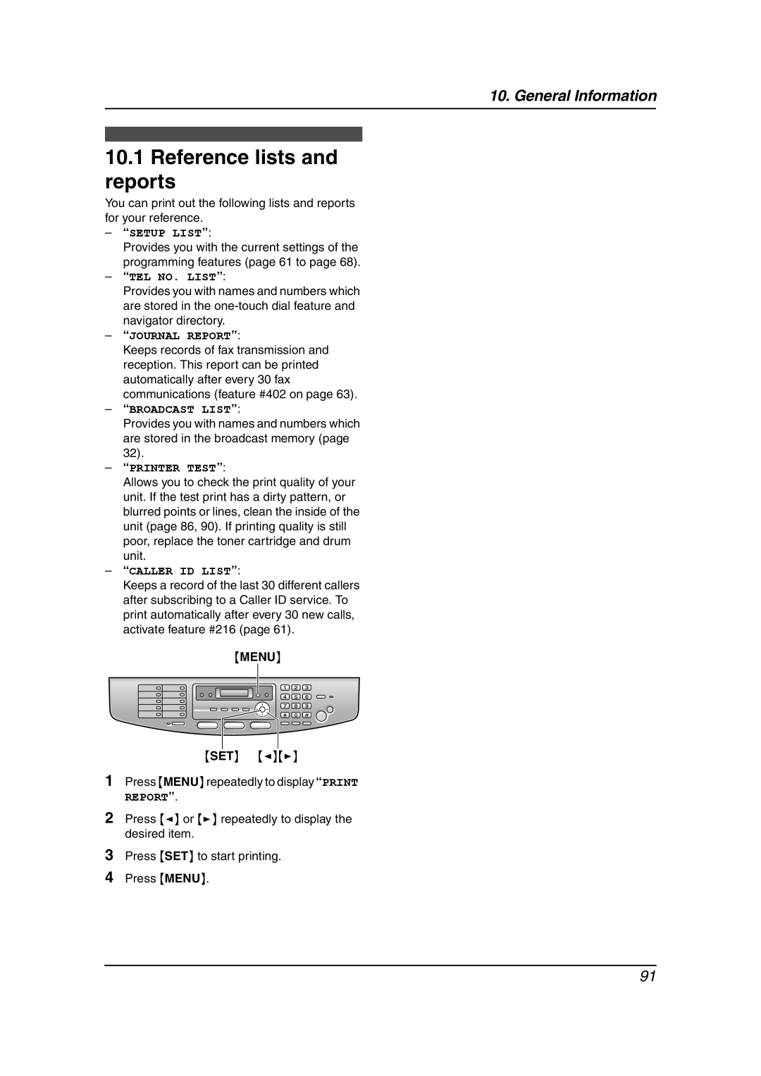 Panasonic KX-FLB851 Reference lists and reports, General Information, “Setup List”, “Tel No. List”, “Journal Report”, Menu 