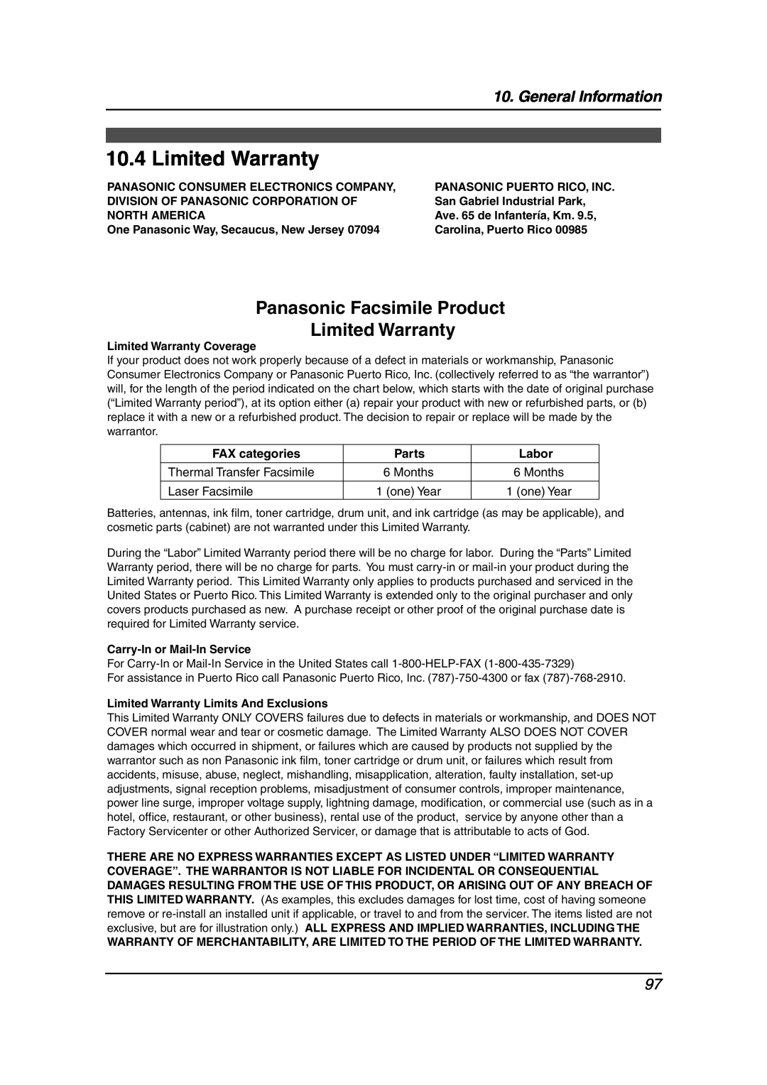 Panasonic KX-FLB851 Panasonic Facsimile Product Limited Warranty, FAX categories, Parts, Labor, General Information 