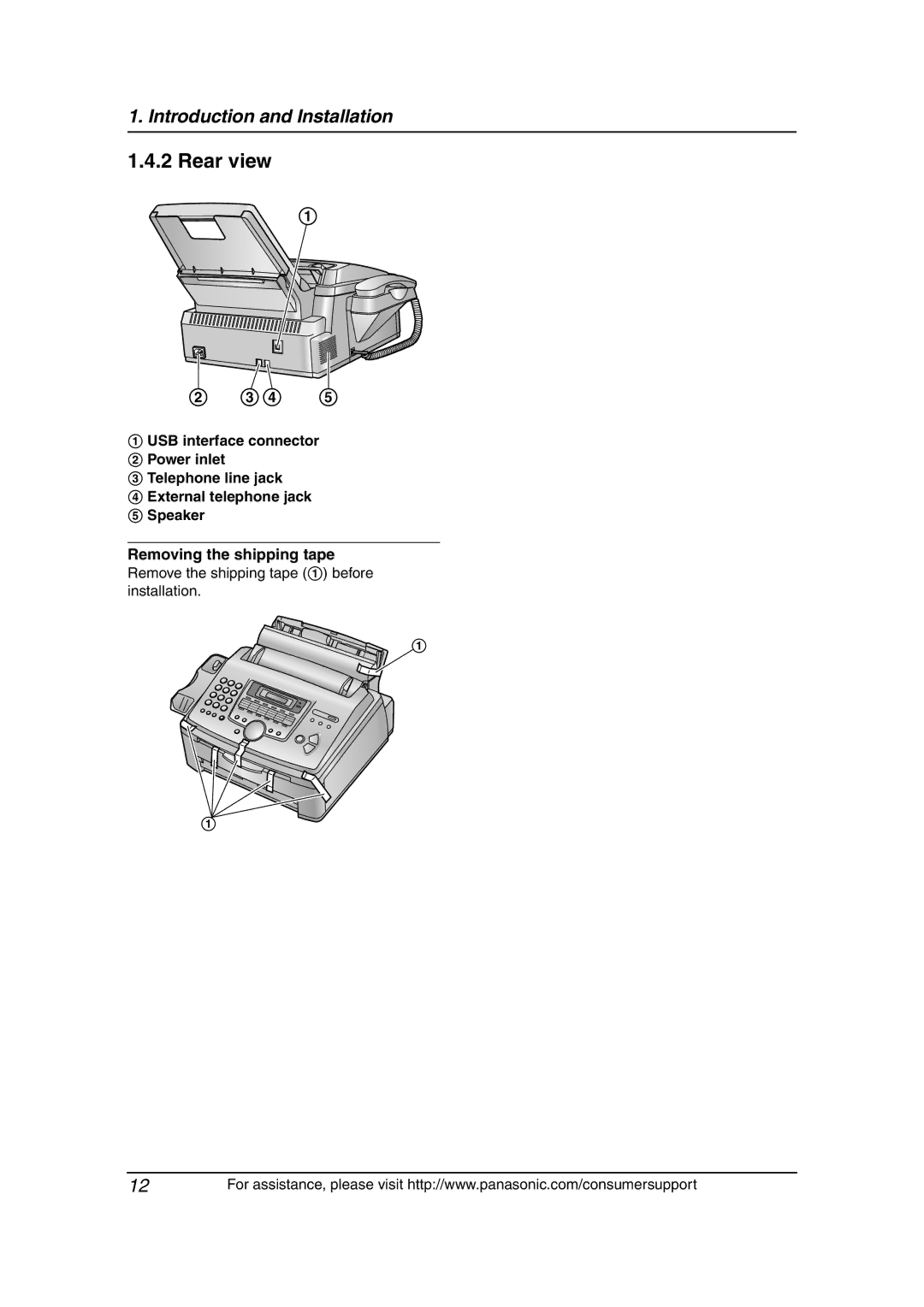 Panasonic KX-FLM651 operating instructions Rear view, Remove the shipping tape 1 before installation 