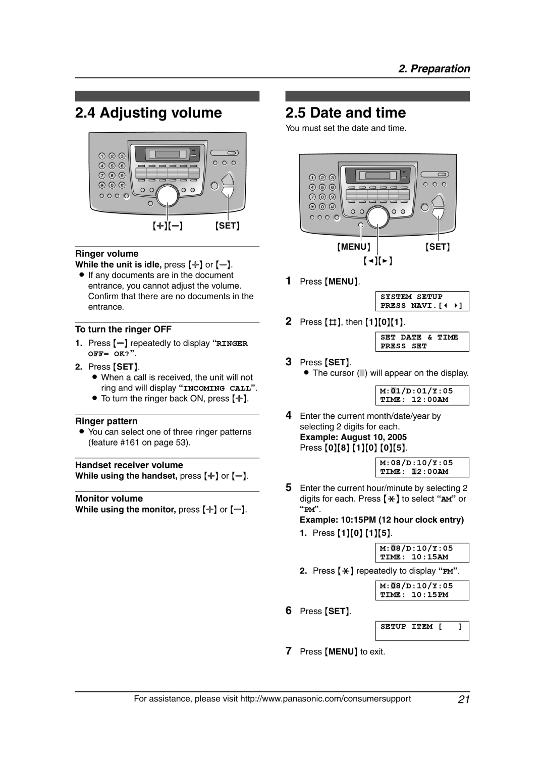 Panasonic KX-FLM651 operating instructions Adjusting volume Date and time 