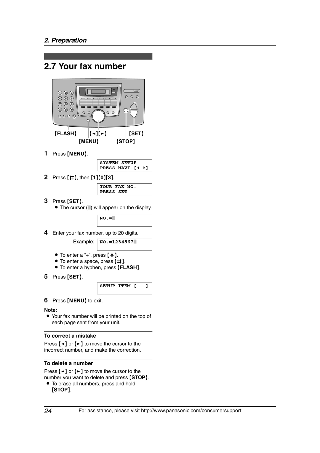 Panasonic KX-FLM651 operating instructions Your fax number, Menu Stop, Your FAX no Press SET, To delete a number 