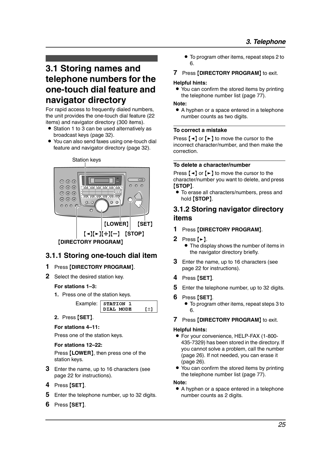 Panasonic KX-FLM651 operating instructions Storing one-touch dial item, Storing navigator directory items, Lower SET 