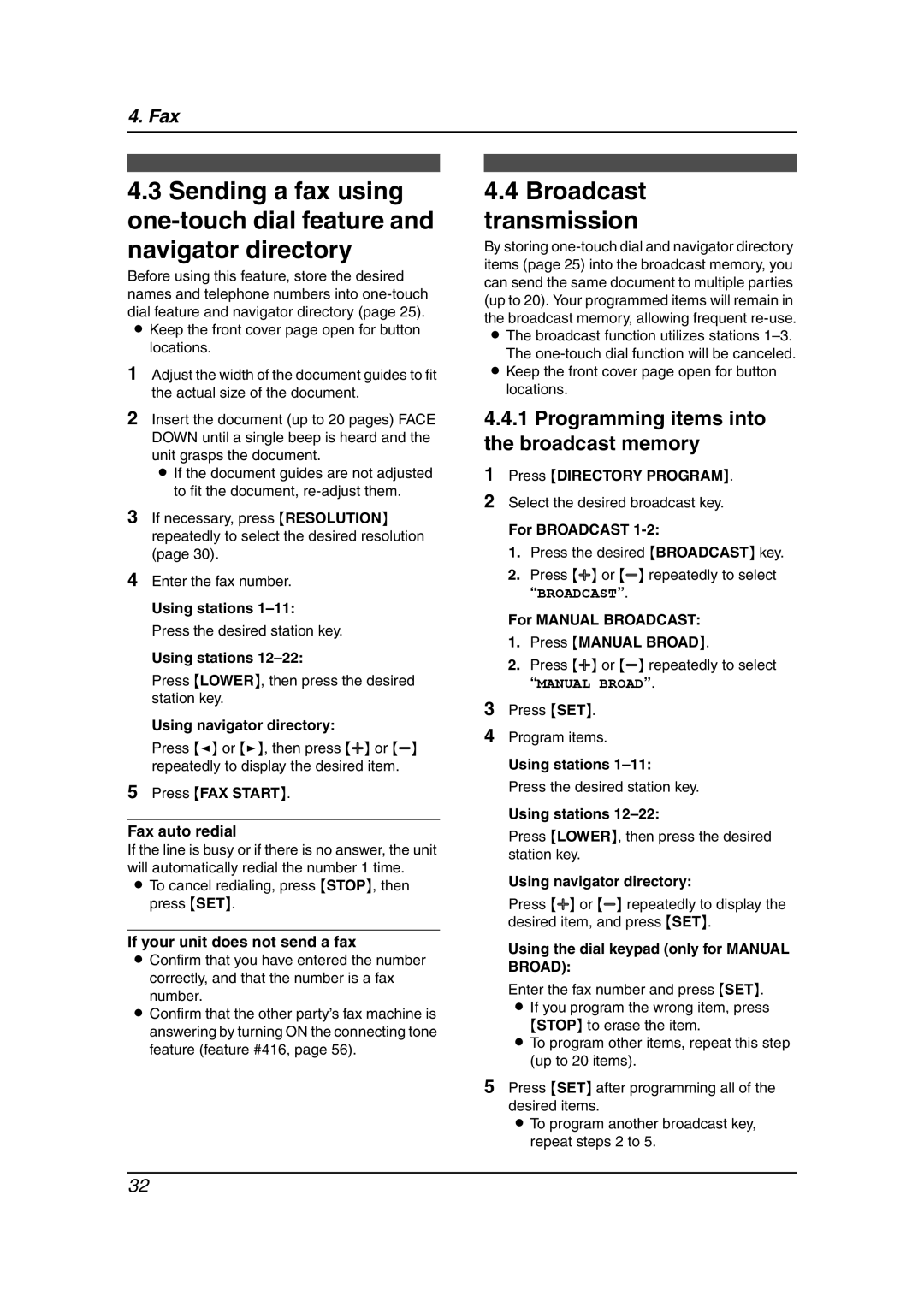 Panasonic KX-FLM651 operating instructions Broadcast transmission, Programming items into the broadcast memory 