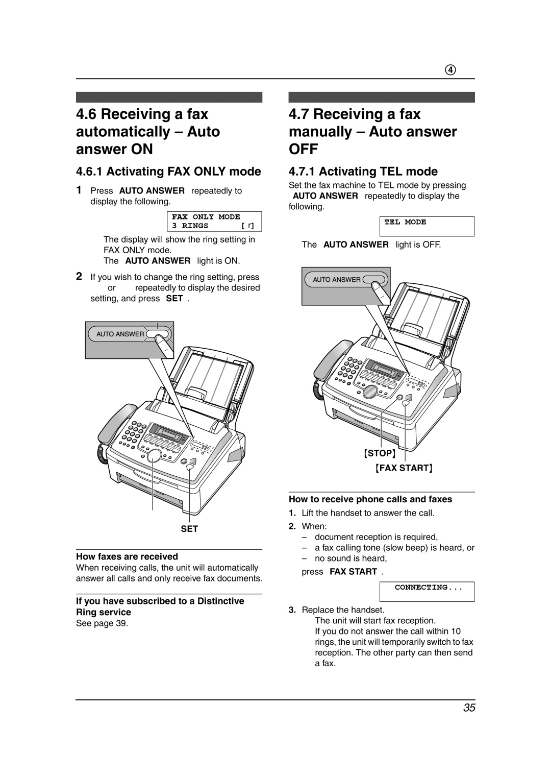 Panasonic KX-FLM651 Receiving a fax automatically Auto answer on, Receiving a fax manually Auto answer 