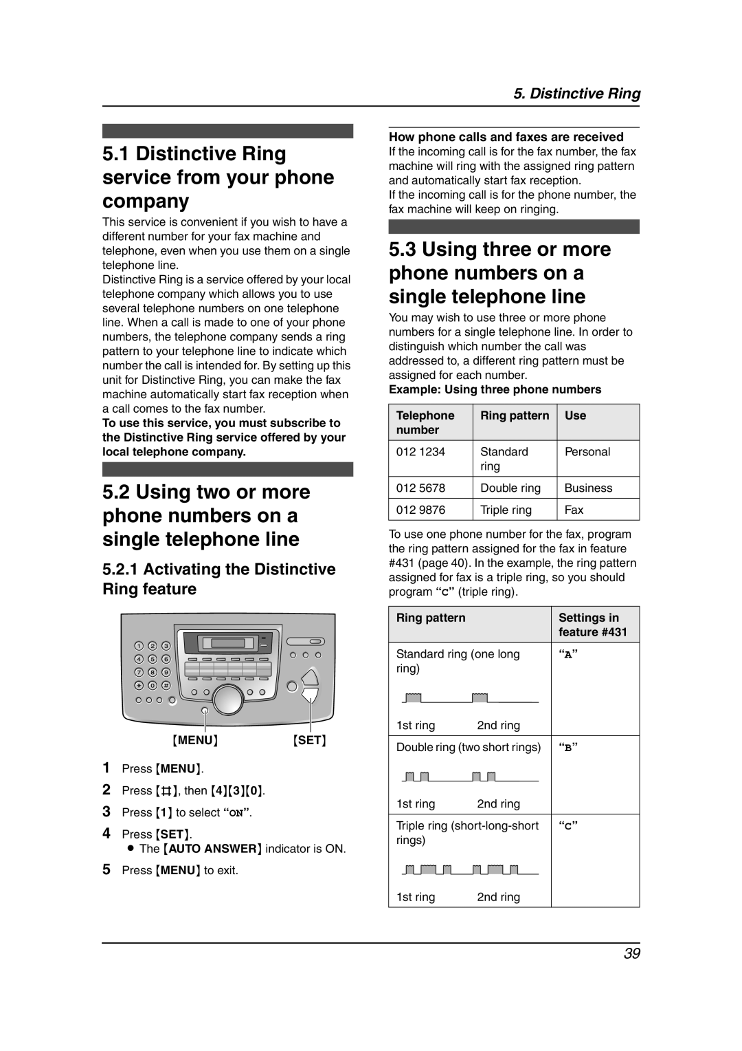 Panasonic KX-FLM651 Distinctive Ring service from your phone company, Activating the Distinctive Ring feature 