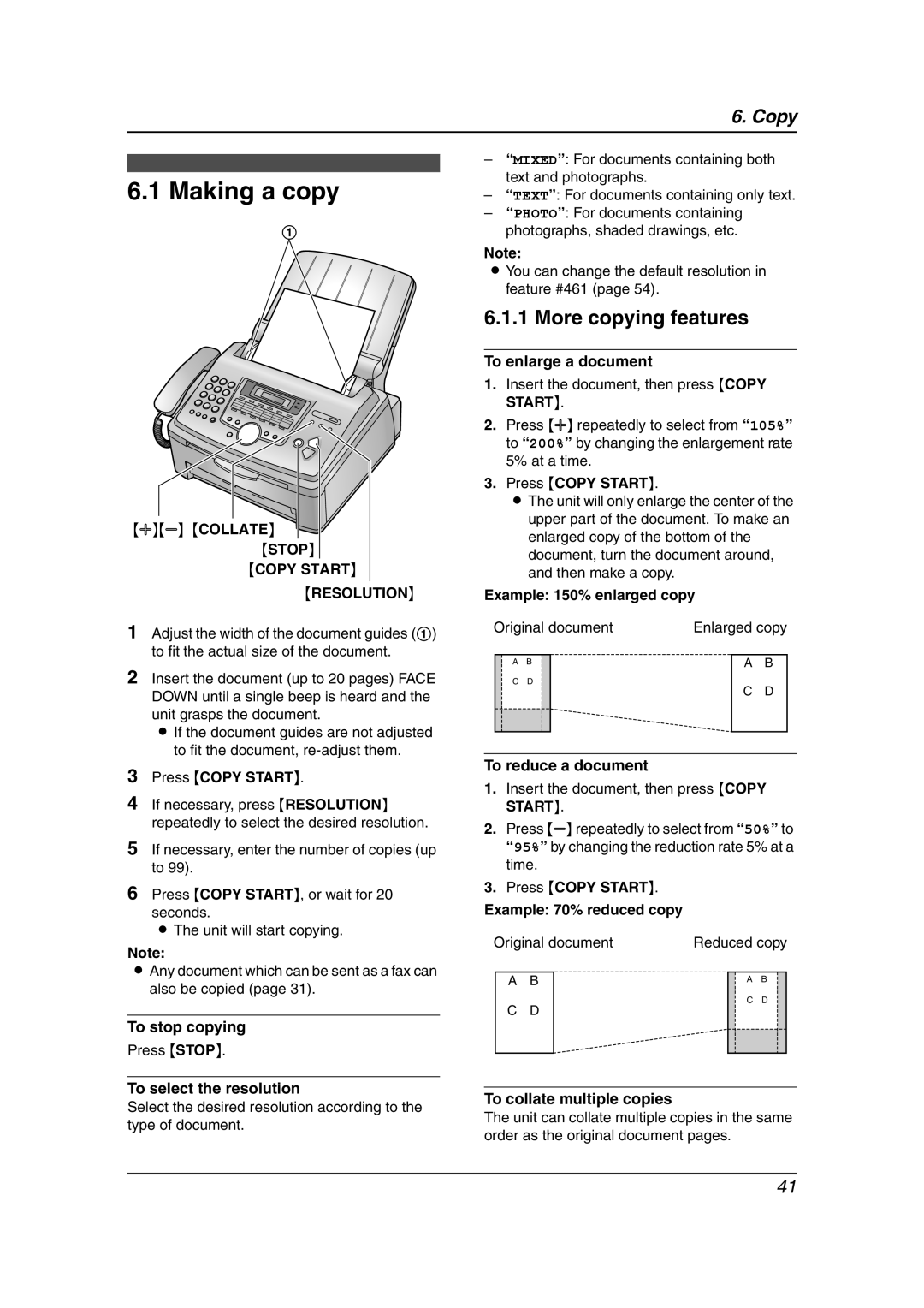 Panasonic KX-FLM651 operating instructions Making a copy, More copying features, Copy Start Resolution 