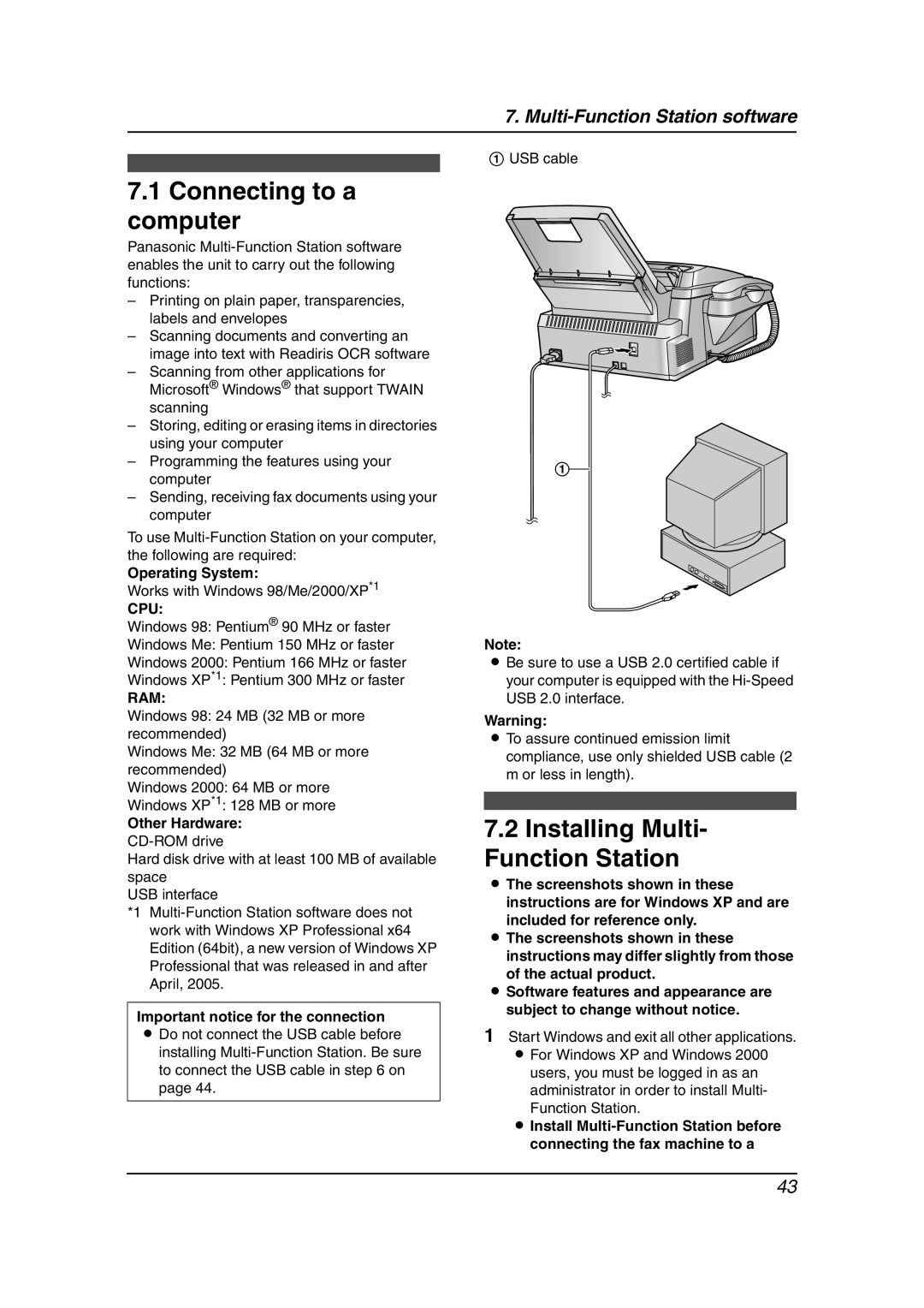 Panasonic KX-FLM651 operating instructions Connecting to a computer, Installing Multi- Function Station, Cpu, Ram 