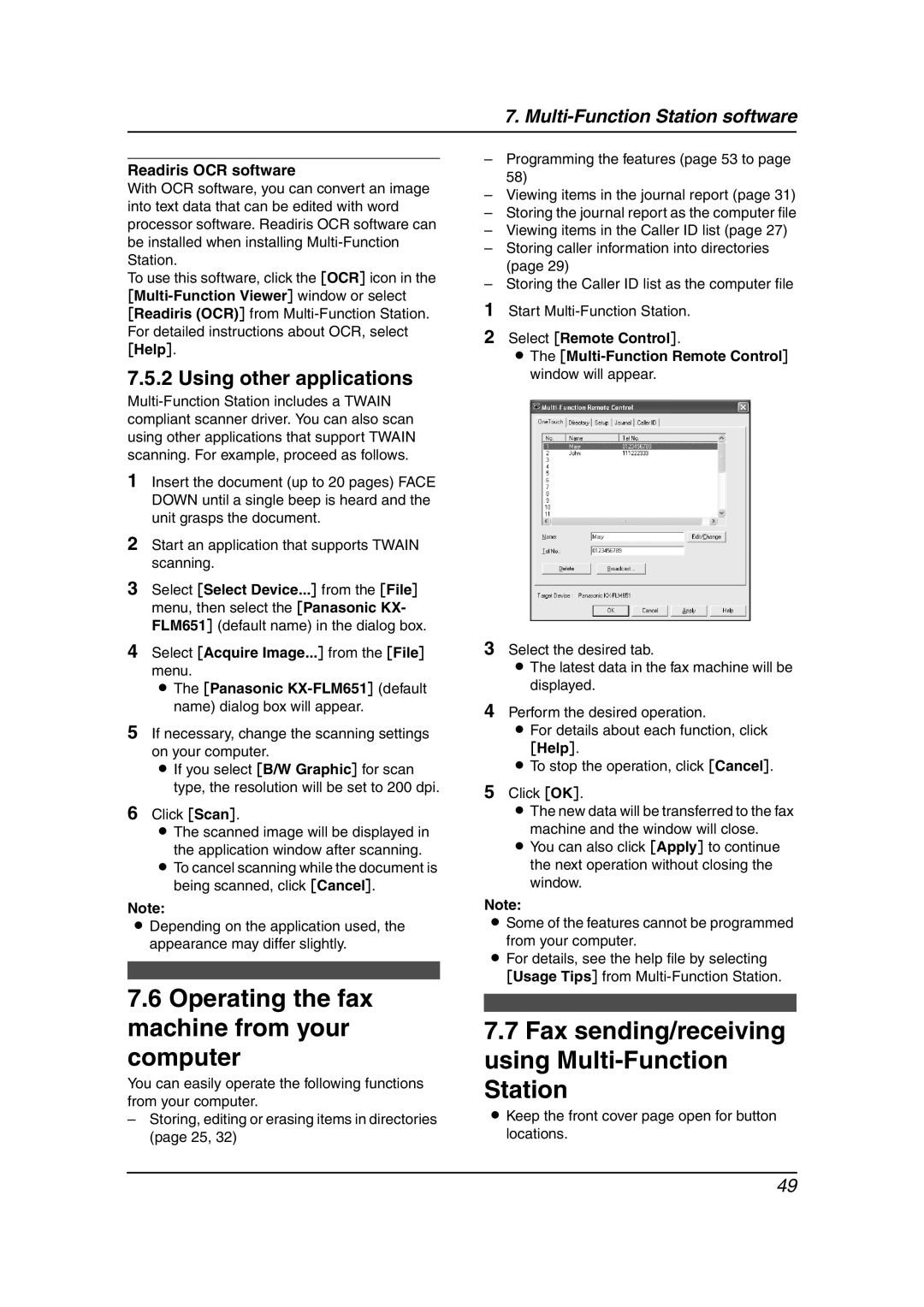 Panasonic KX-FLM651 Operating the fax machine from your computer, Fax sending/receiving using Multi-Function Station 