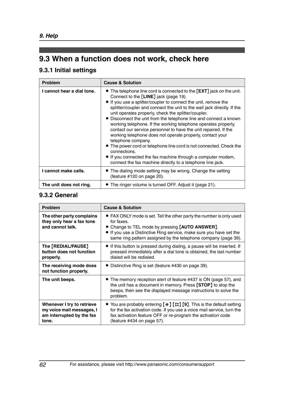 Panasonic KX-FLM651 operating instructions When a function does not work, check here, Initial settings, General 