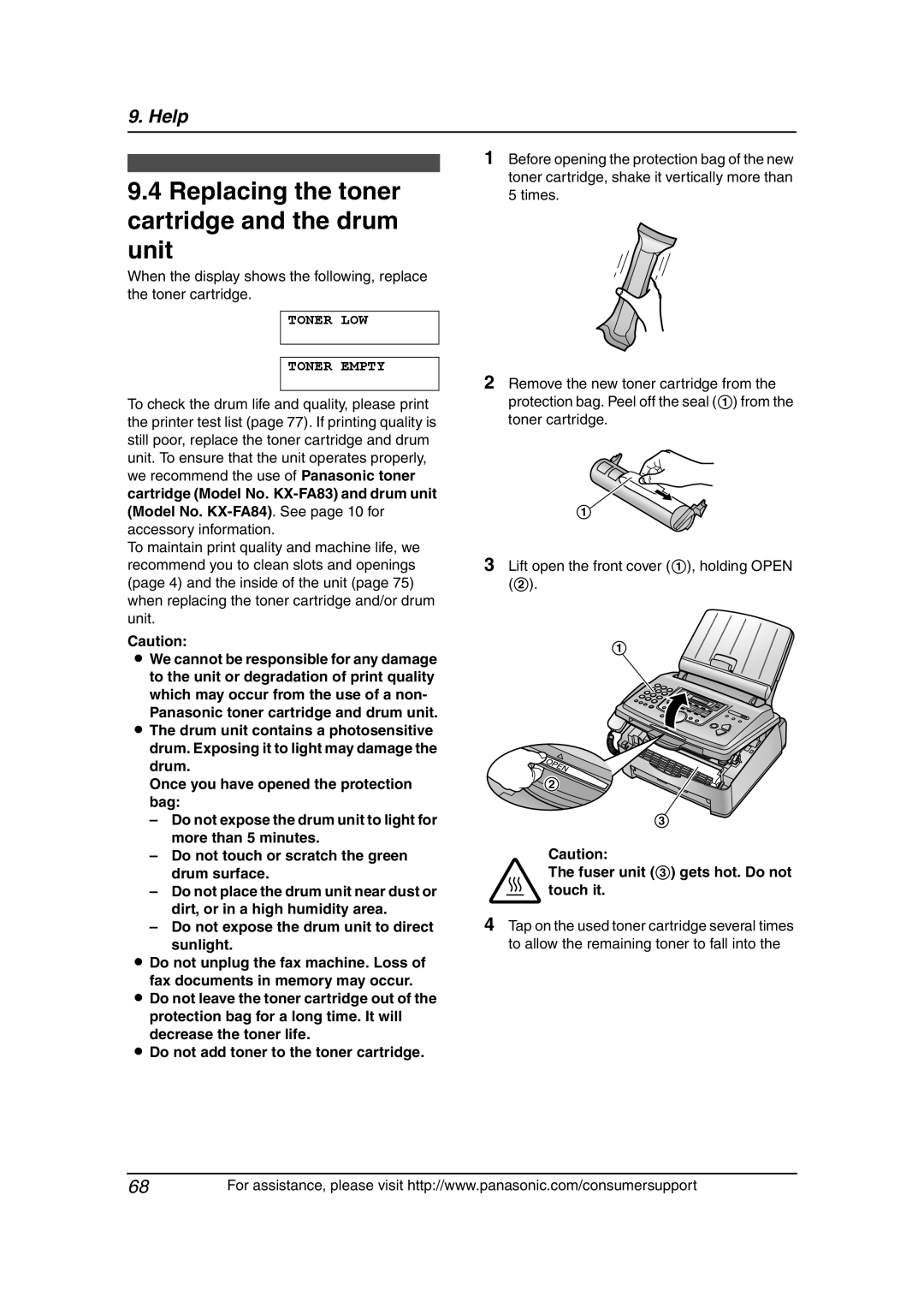 Panasonic KX-FLM651 operating instructions Replacing the toner cartridge and the drum unit, Toner LOW Toner Empty 