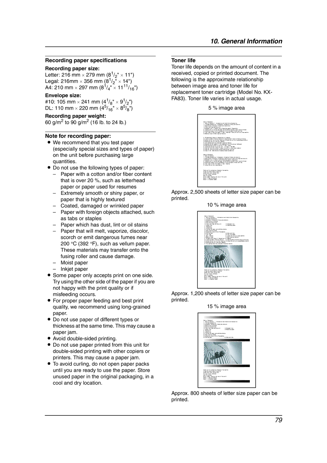 Panasonic KX-FLM651 Recording paper specifications Recording paper size, Envelope size, Recording paper weight, Toner life 