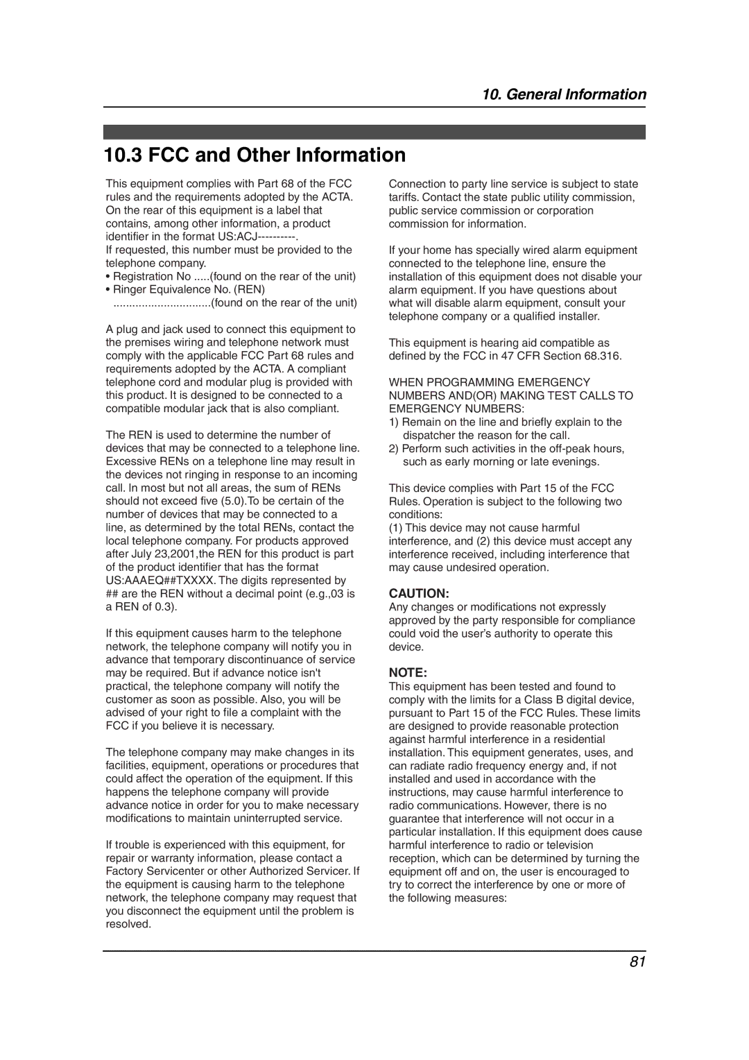 Panasonic KX-FLM651 operating instructions FCC and Other Information 