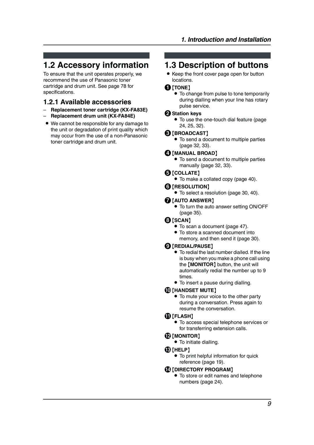 Panasonic KX-FLM653HK manual Accessory information, Description of buttons, Available accessories 