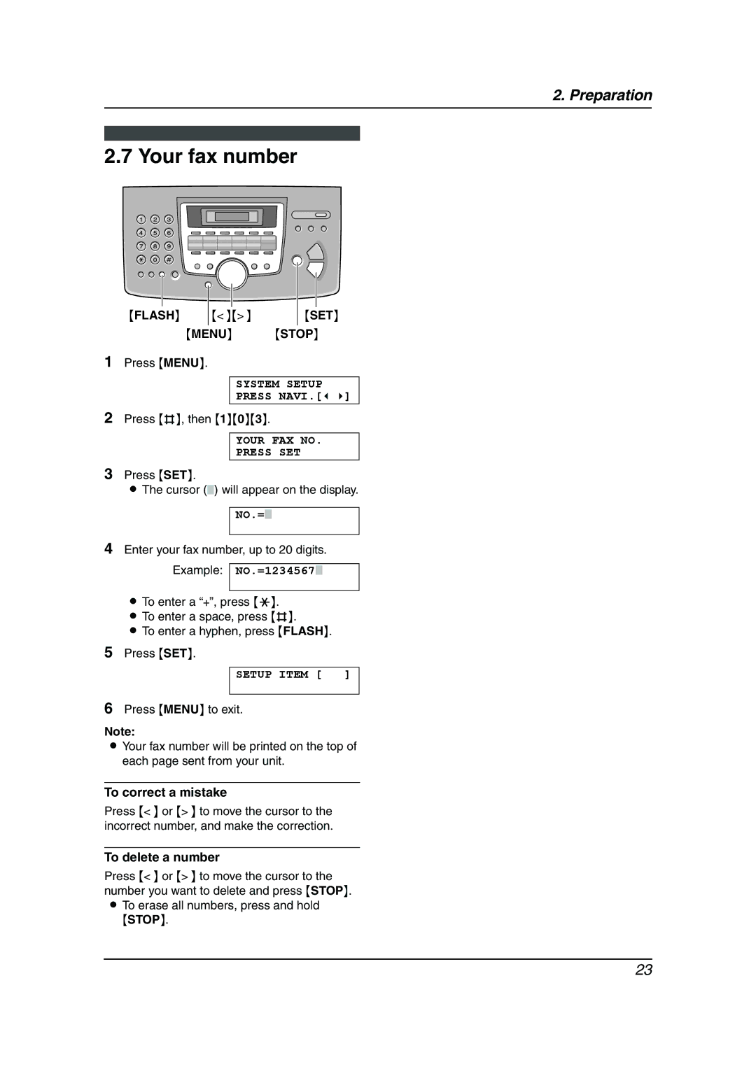 Panasonic KX-FLM653HK manual Your fax number, Menu Stop, Your FAX no Press SET, To delete a number 