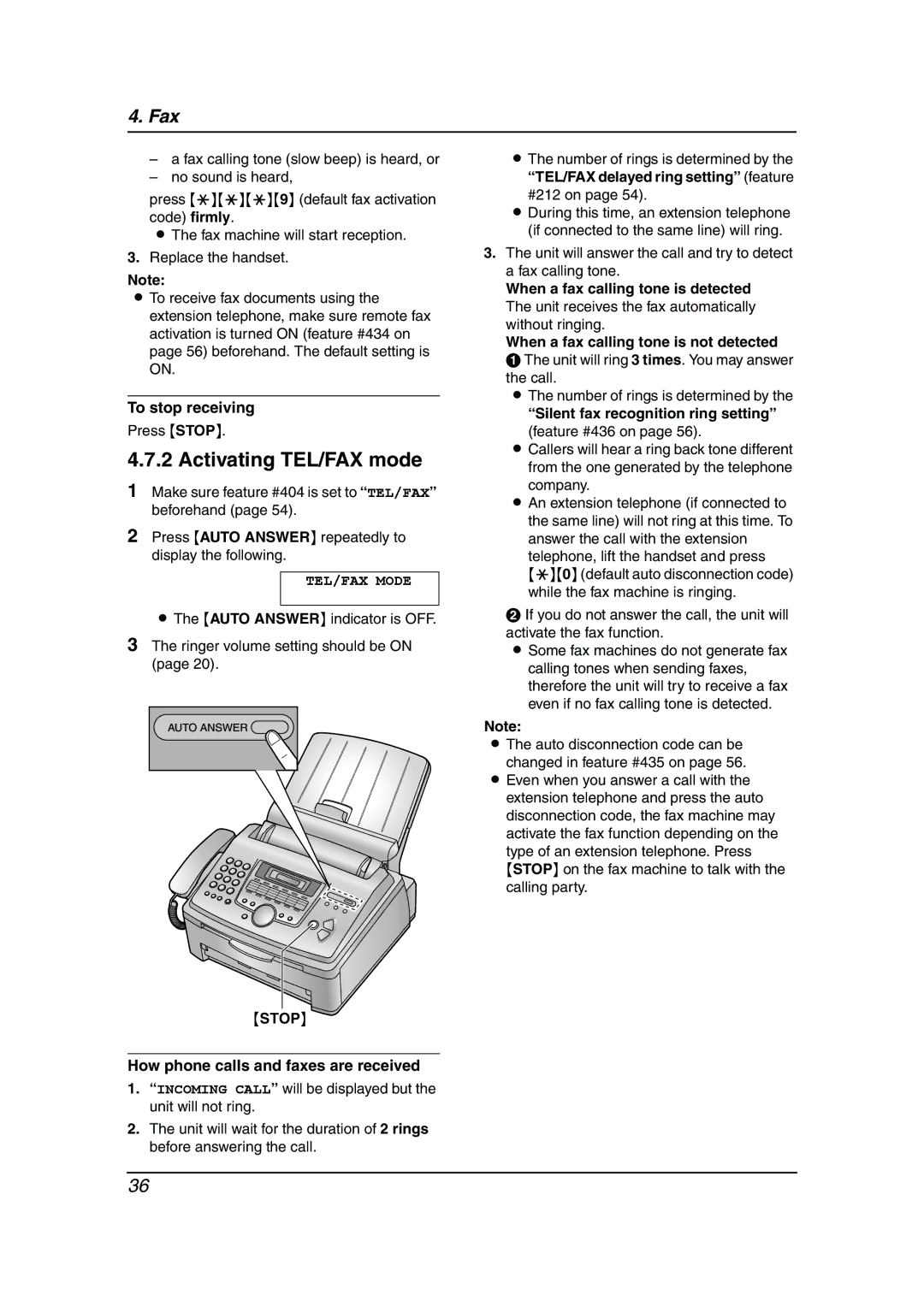 Panasonic KX-FLM653HK manual Activating TEL/FAX mode, To stop receiving, TEL/FAX Mode, Silent fax recognition ring setting 