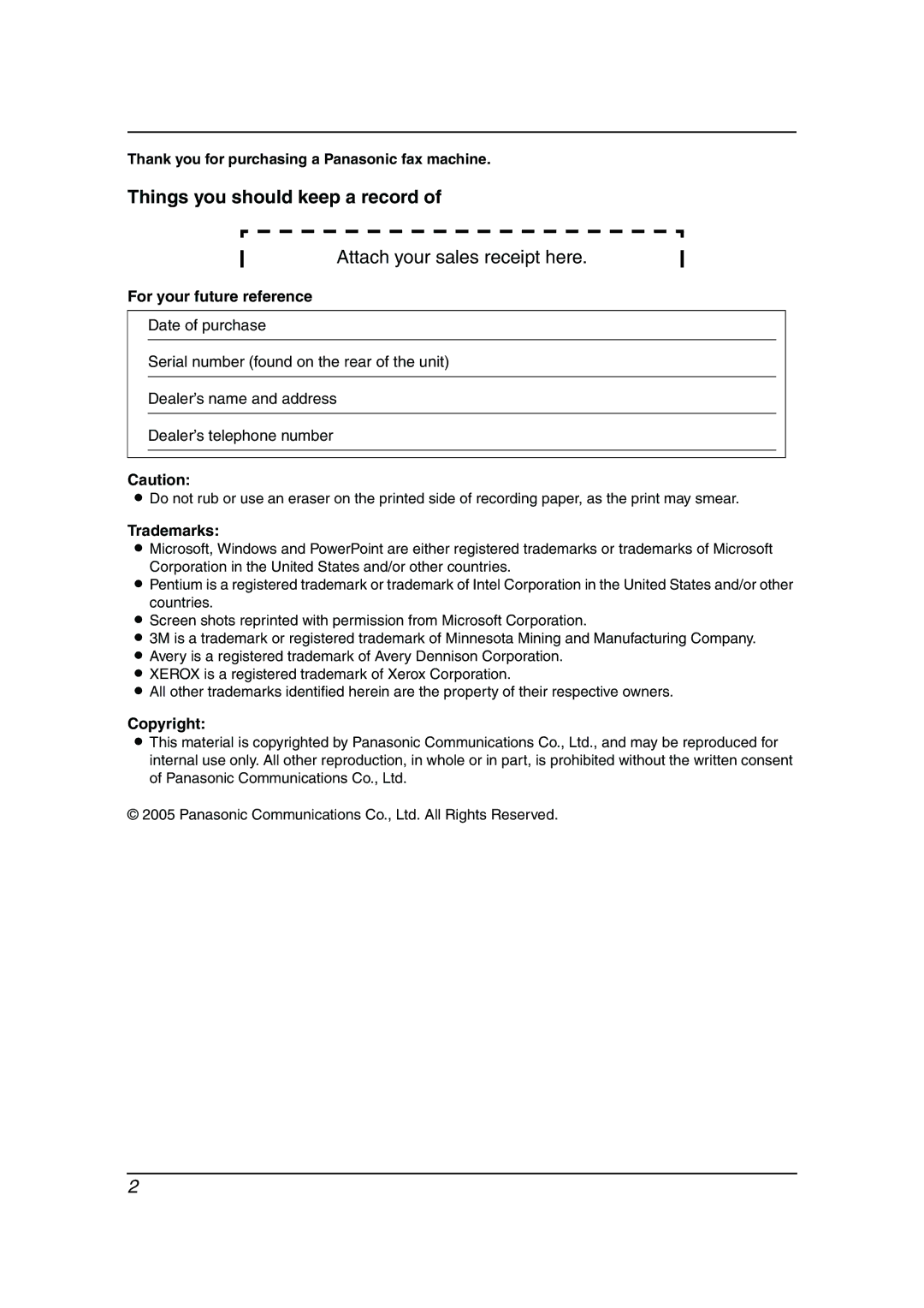 Panasonic KX-FLM653HK Thank you for purchasing a Panasonic fax machine, For your future reference, Trademarks, Copyright 