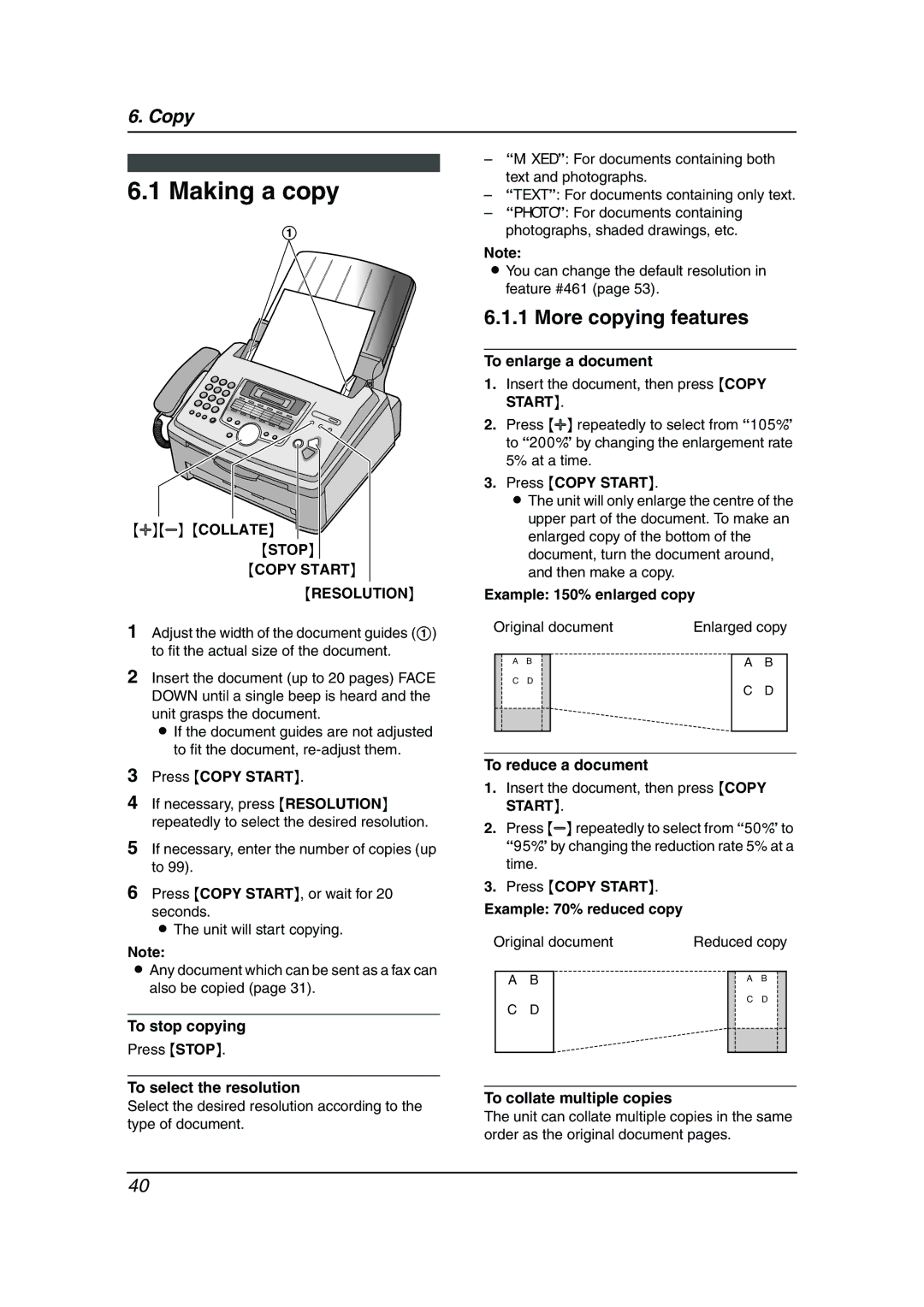 Panasonic KX-FLM653HK manual Making a copy, More copying features, Copy Start Resolution 