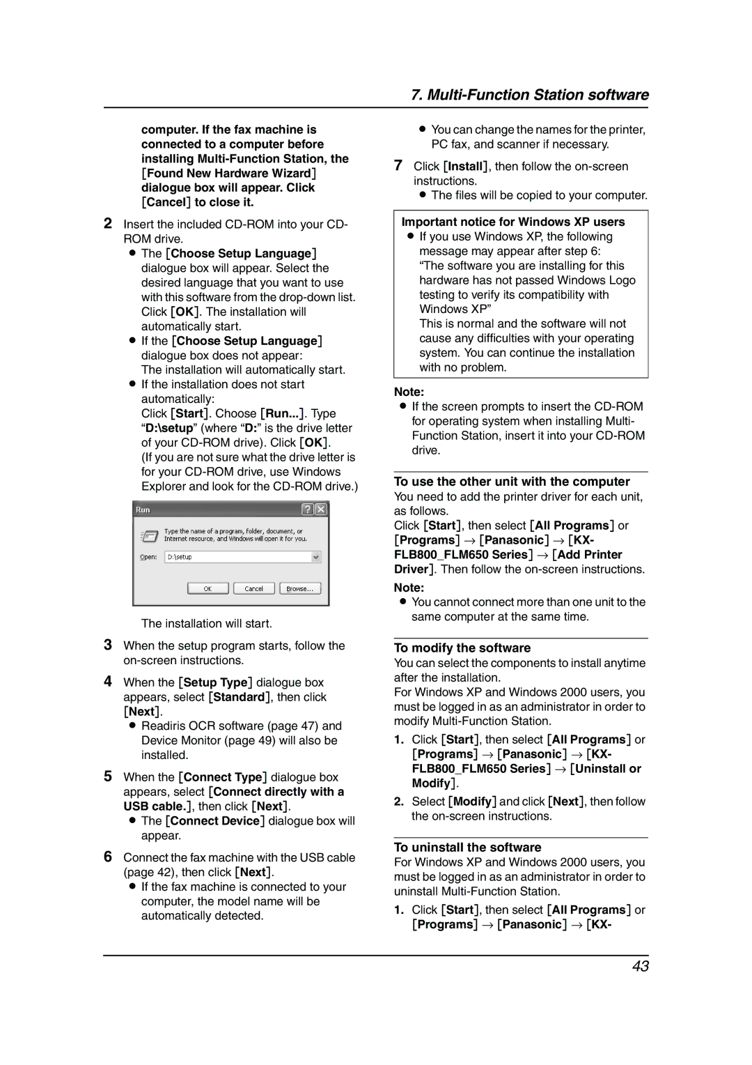 Panasonic KX-FLM653HK manual Next, Important notice for Windows XP users, To use the other unit with the computer 