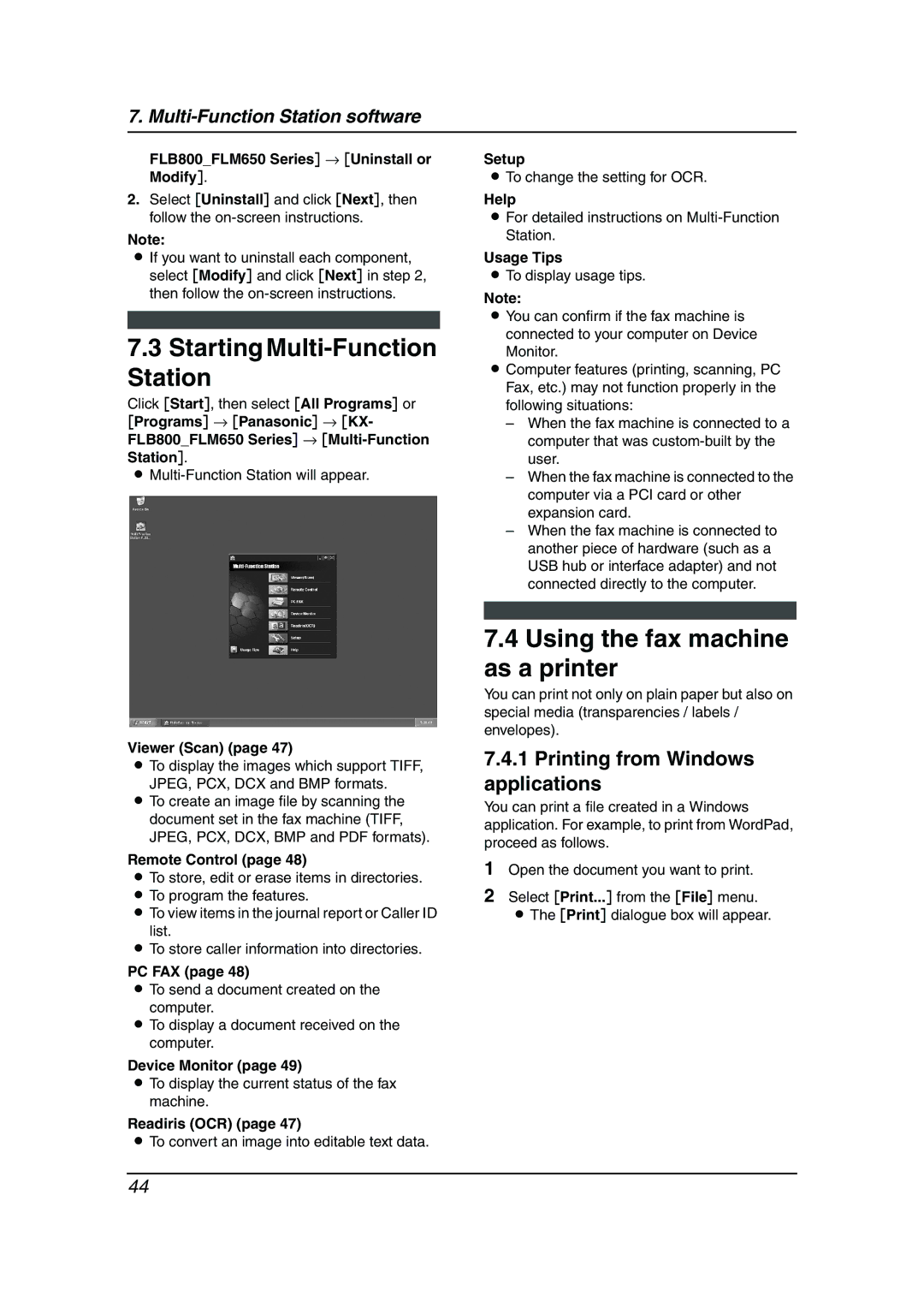 Panasonic KX-FLM653HK manual Starting Multi-Function Station, Using the fax machine as a printer 