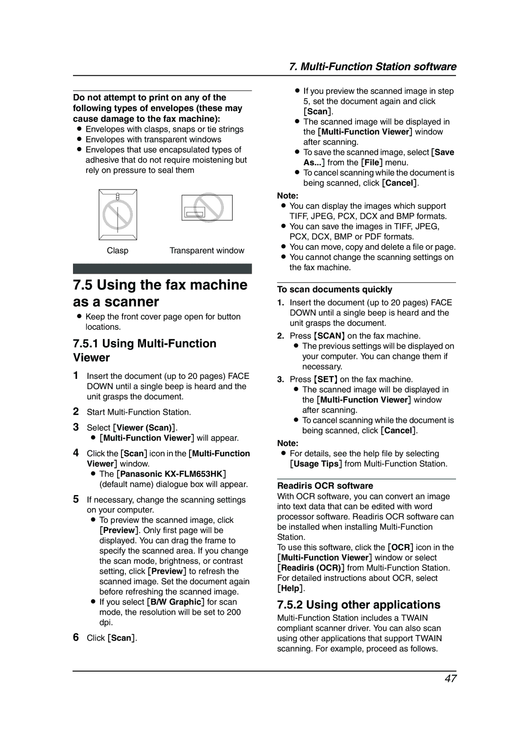 Panasonic KX-FLM653HK manual Using the fax machine as a scanner, Using Multi-Function Viewer, Using other applications 