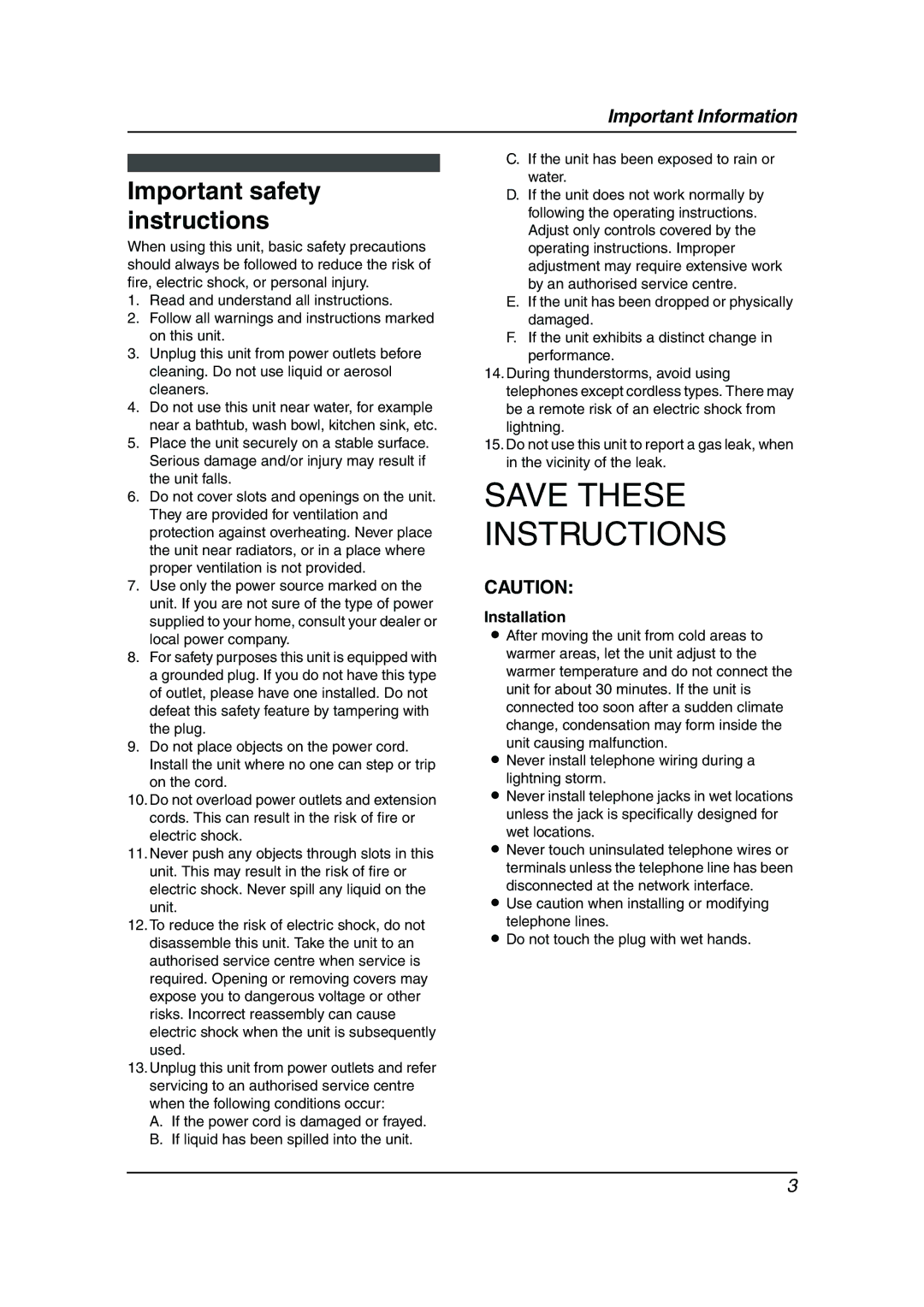 Panasonic KX-FLM653HK manual Important safety instructions, Installation 